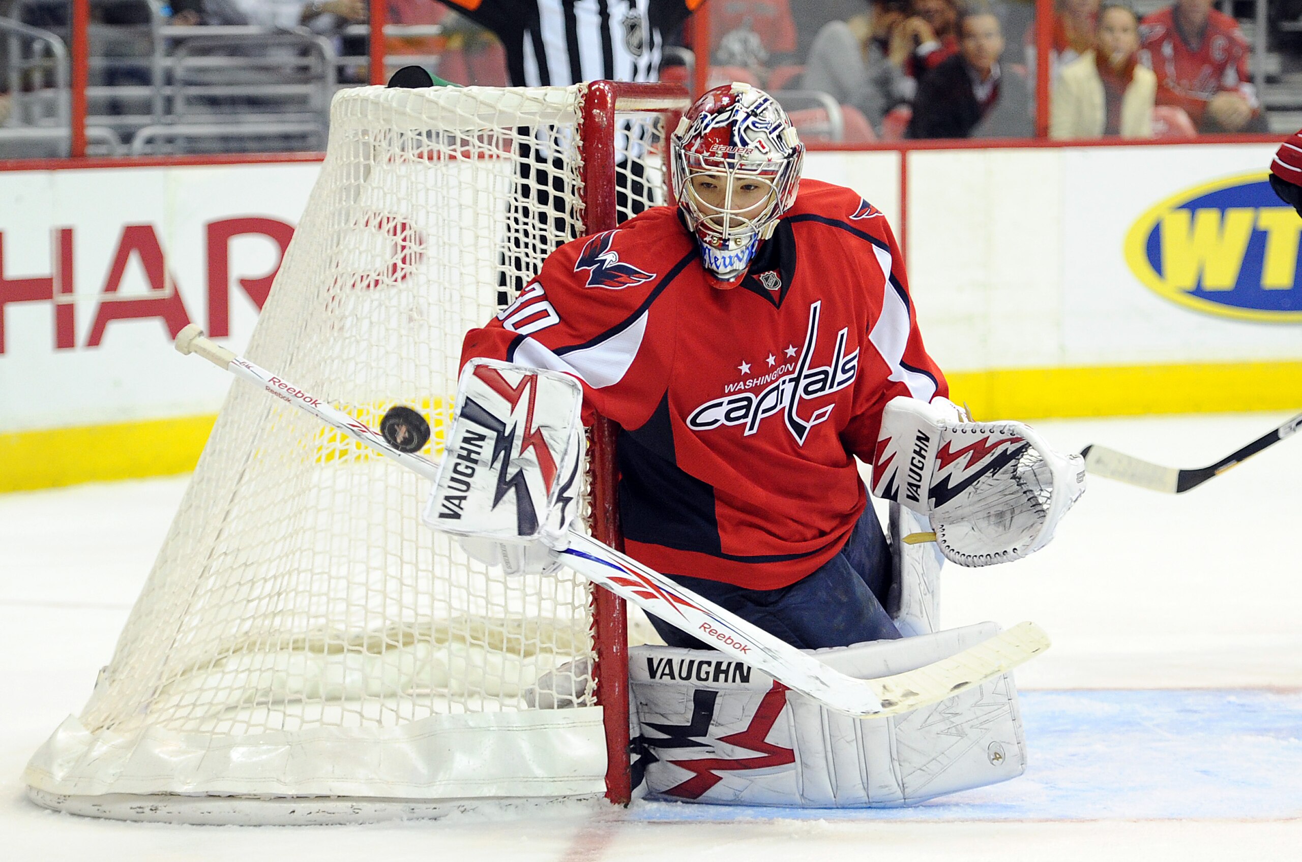 WASHINGTON - NOVEMBER 17:  Michal Neuvirth #30 of the Washington Capitals makes a save against the Buffalo Sabres at the Verizon Center on November 17, 2010 in Washington DC.  (Photo by Greg Fiume/Getty Images)