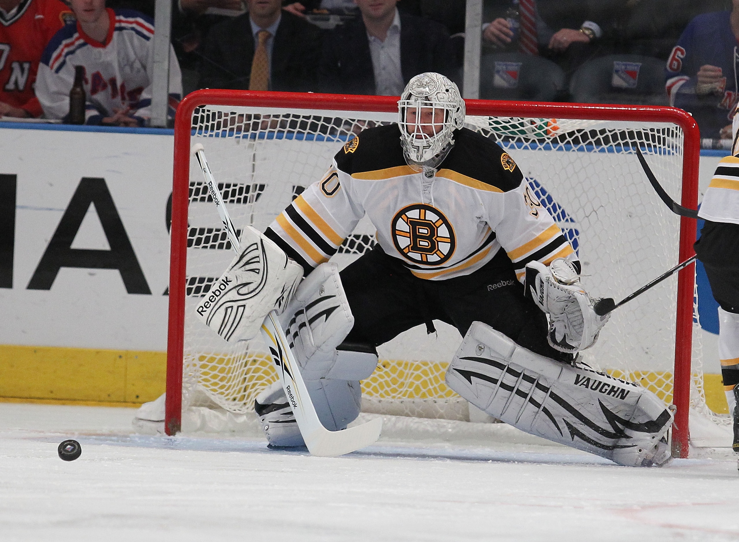NEW YORK - NOVEMBER 17:  Tim Thomas #30 of the Boston Bruins in action against the New York Rangers during their game on November 17, 2010 at Madison Square Garden in New York City, New York.  (Photo by Al Bello/Getty Images)