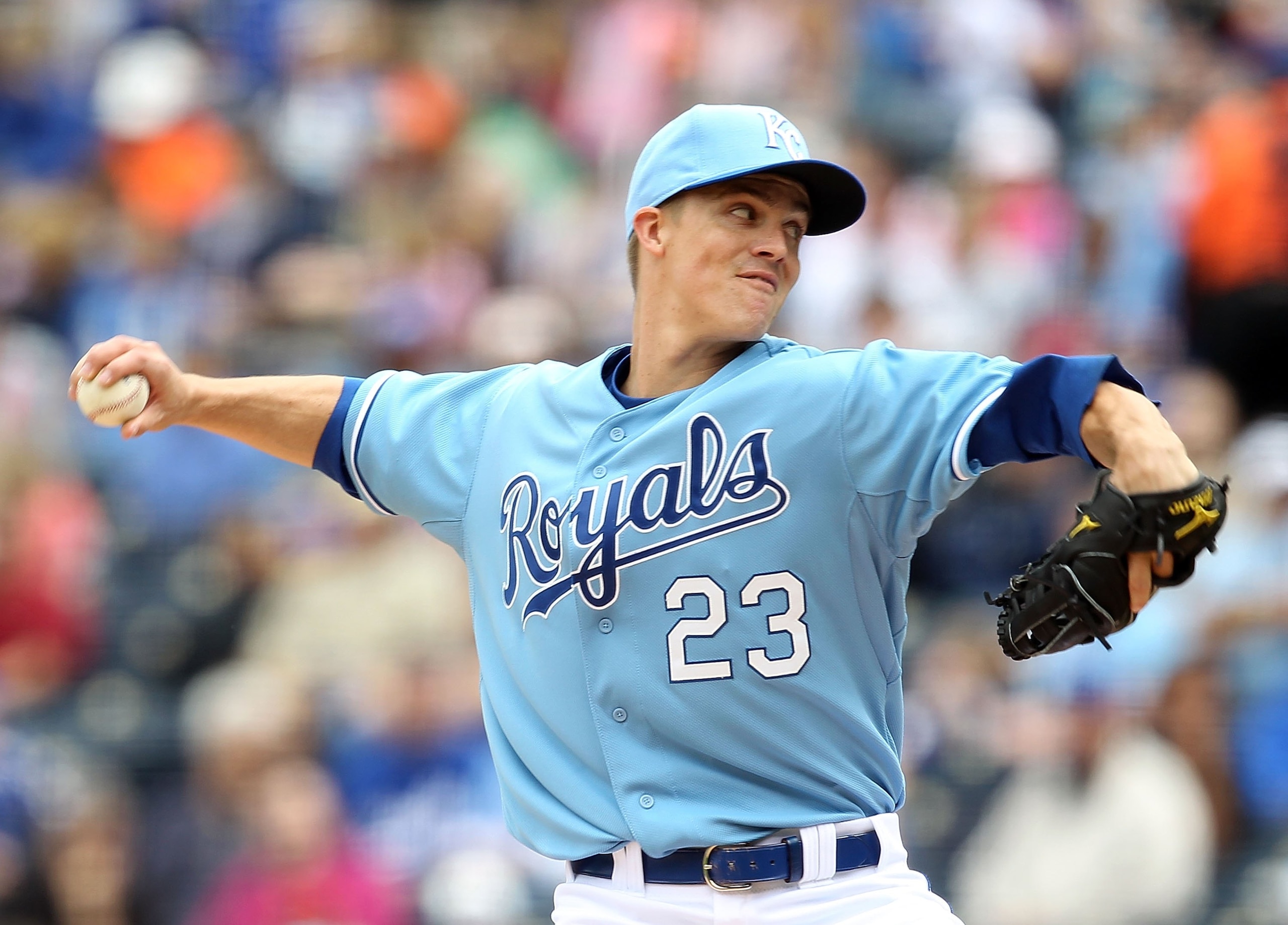 KANSAS CITY, MO - MAY 13:  Zack Greinke #23 of the Kansas City Royals pitches during the game against the Cleveland Indians on May 13, 2010 at Kauffman Stadium in Kansas City, Missouri.  (Photo by Jamie Squire/Getty Images)