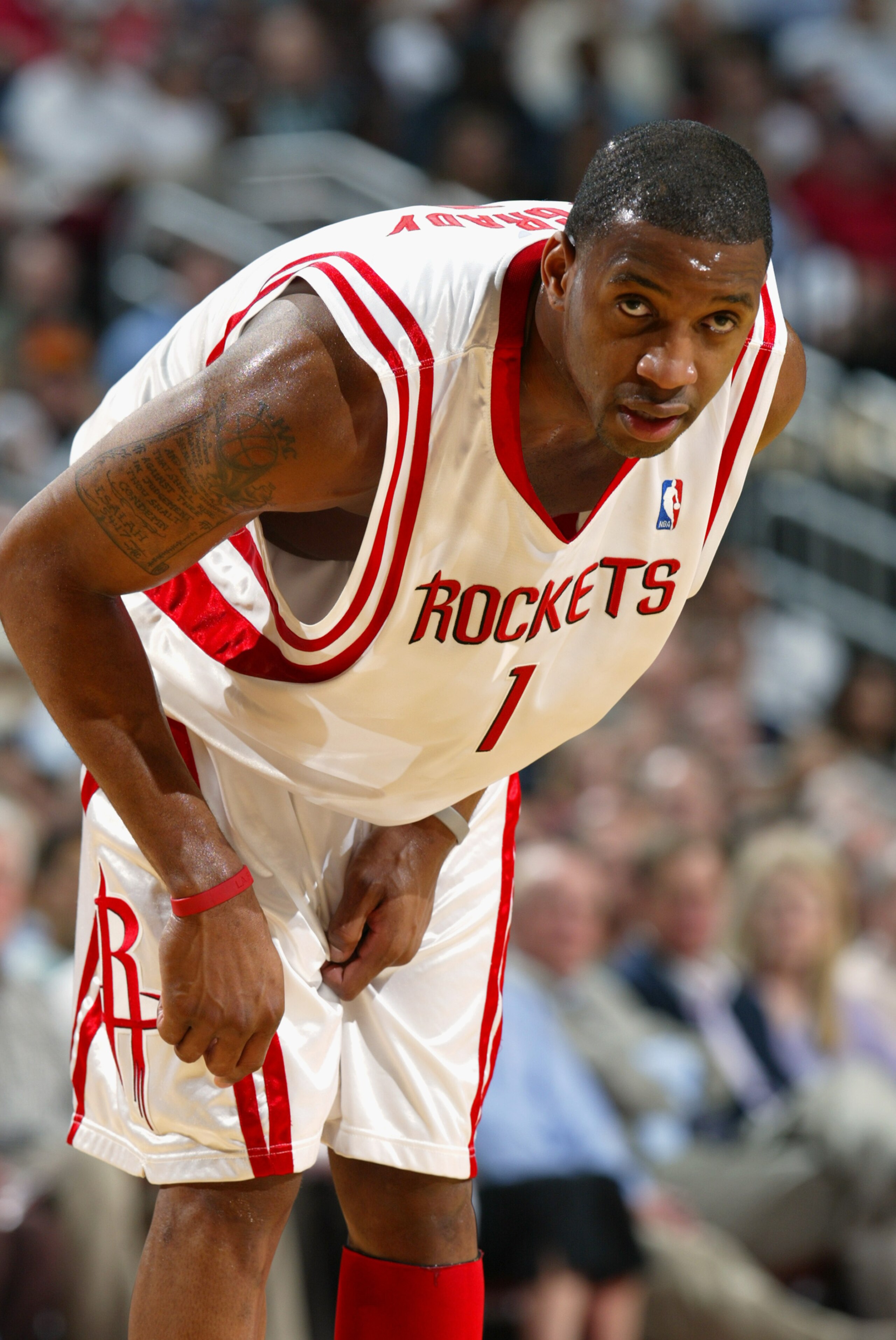 HOUSTON - APRIL 28:  Tracy McGrady #1 of the Houston Rockets is on the court in Game three of the Western Conference Quarterfinals against the Dallas Mavericks during the 2005 NBA Playoffs at the Toyota Center on April 28, 2005 in Houston, Texas. The Mave
