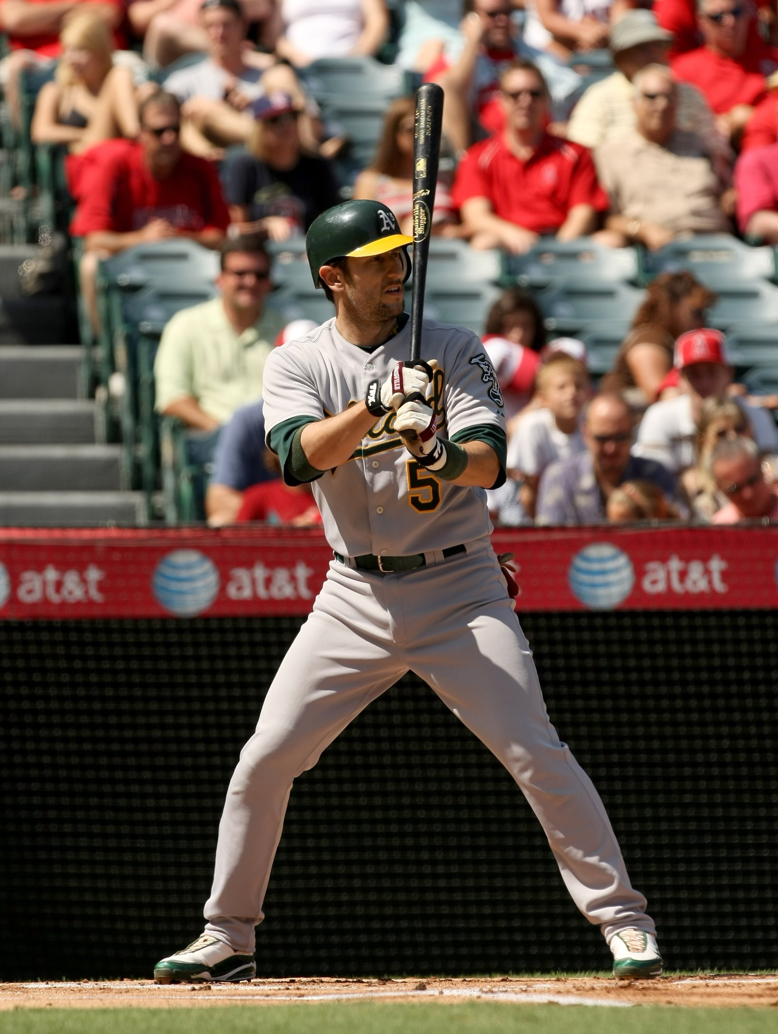 ANAHEIM, CA - SEPTEMBER 27: Nomar Garciaparra #5 of the Oakland Athletics bats against the Los Angeles Angels of Anaheim on September 27, 2009 at Angel Stadium in Anaheim, California. The Angels won 7-4. (Photo by Stephen Dunn/Getty Images) ANAHEIM, CA - SEPTEMBER 27: Nomar Garciaparra #5 of the Oakland Athletics bats against the Los Angeles Angels of Anaheim on September 27, 2009 at Angel Stadium in Anaheim, California. The Angels won 7-4. (Photo by Stephen Dunn/Getty Images)