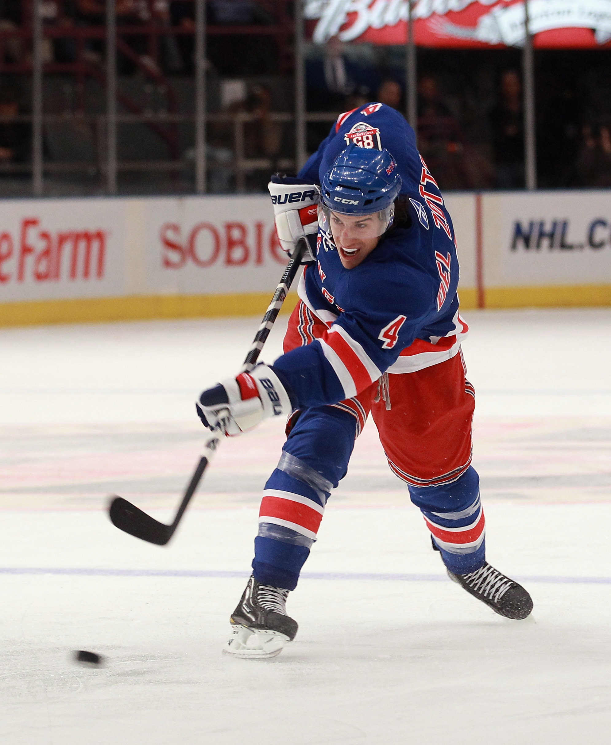 NEW YORK - NOVEMBER 11:  Michael Del Zotto #4 of the New York Rangers skates against the Buffalo Sabres at Madison Square Garden on November 11, 2010 in New York City. The Rangers defeated the Sabres 3-2 in overtime.  (Photo by Bruce Bennett/Getty Images)