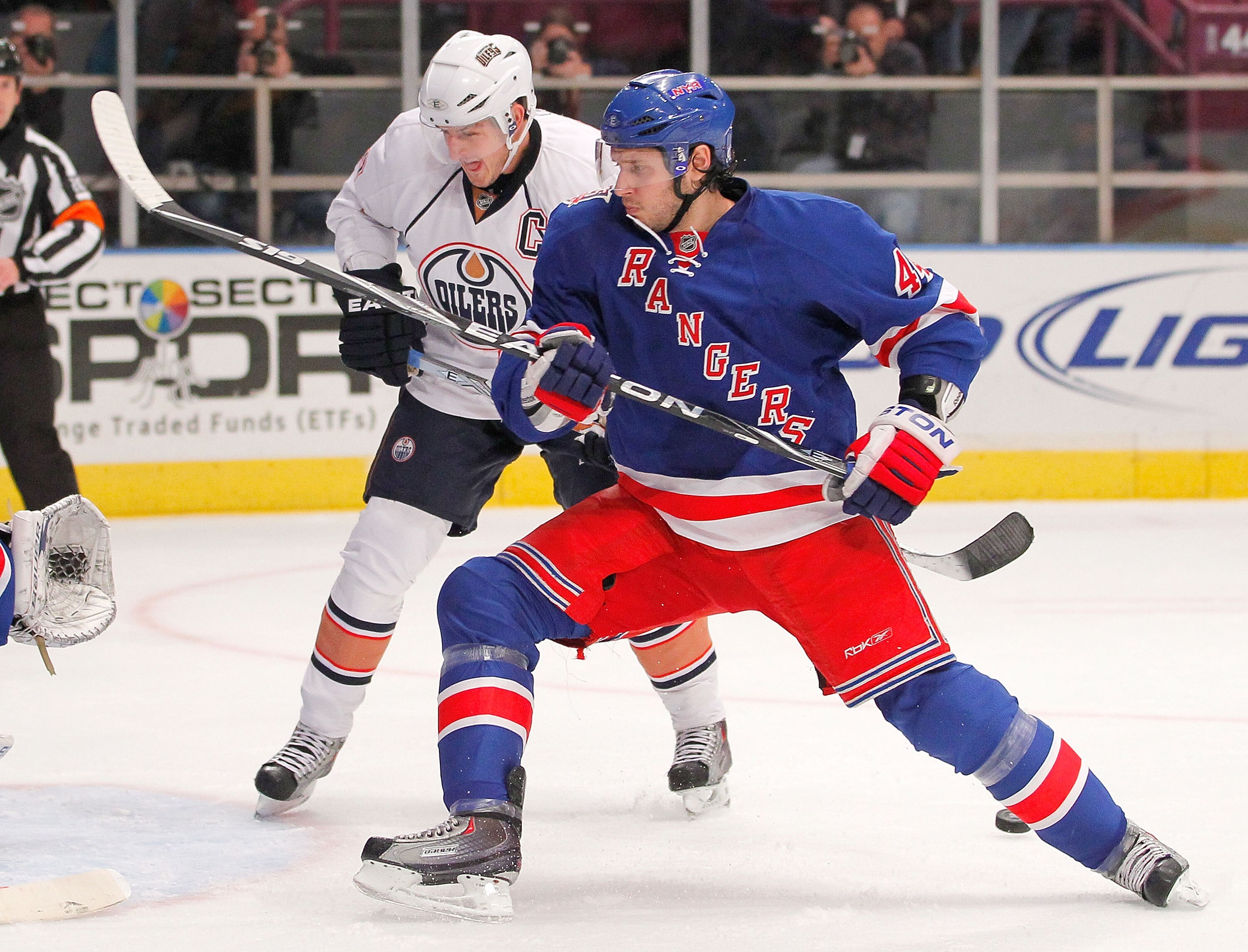 NEW YORK - NOVEMBER 14:  Steve Eminger #44 of the New York Rangers in action during a hockey game against the Edmonton Oilers at Madison Square Garden on November 14, 2010 in New York City.  (Photo by Paul Bereswill/Getty Images)
