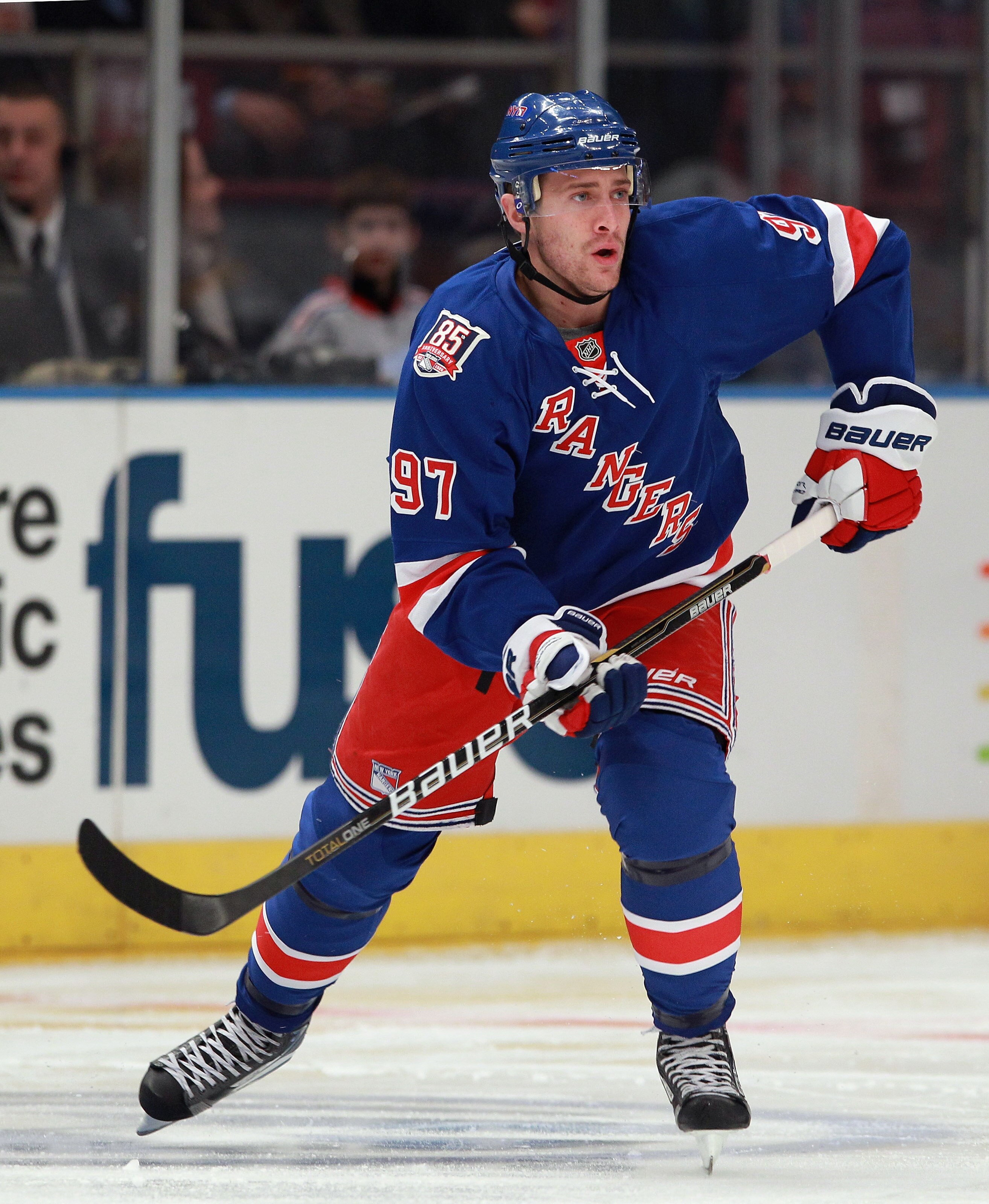 NEW YORK - NOVEMBER 11:  Matt Gilroy #97 of the New York Rangers skates against the Buffalo Sabres at Madison Square Garden on November 11, 2010 in New York City. The Rangers defeated the Sabres 3-2 in overtime.  (Photo by Bruce Bennett/Getty Images)