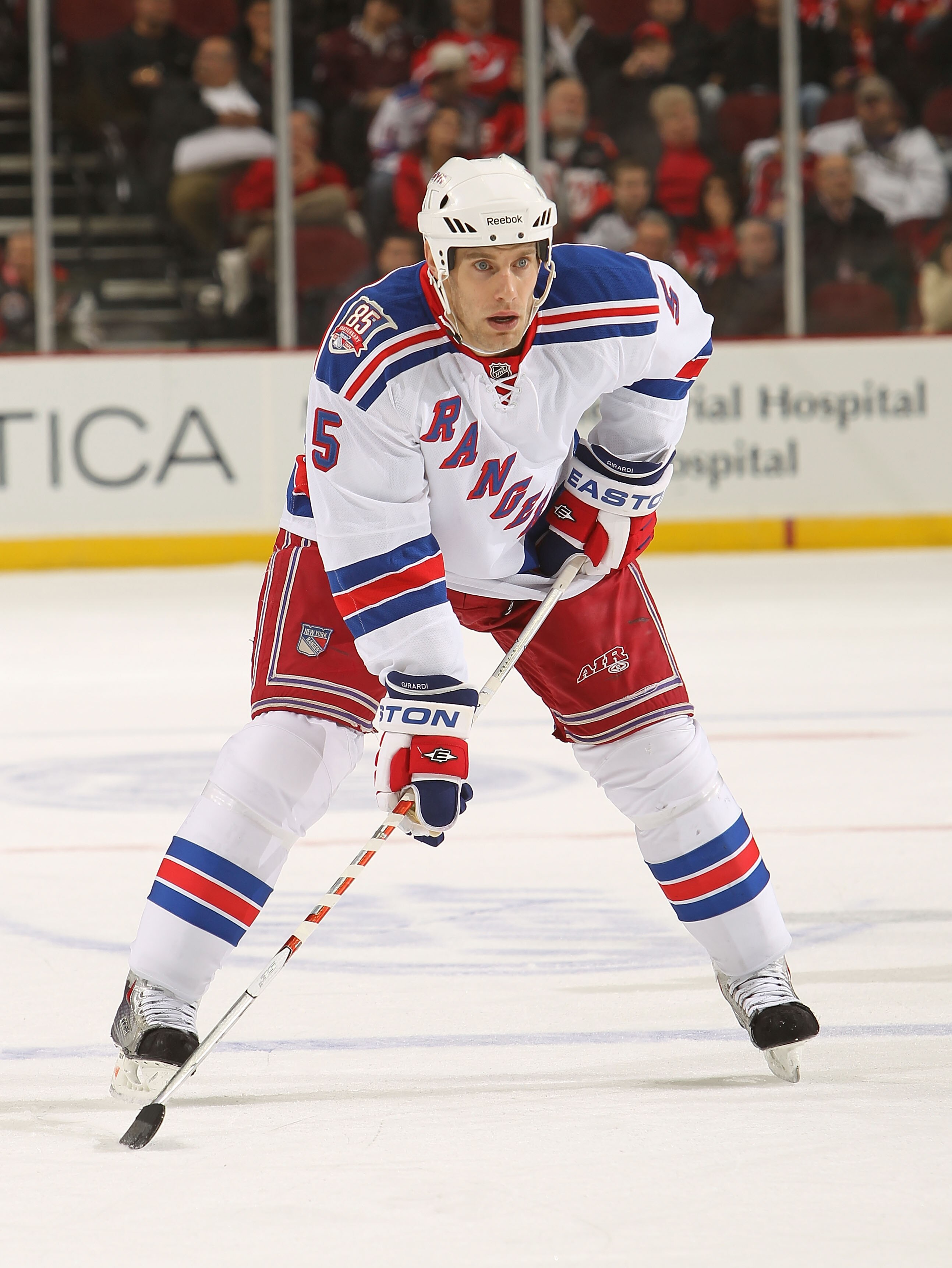 NEWARK, NJ - NOVEMBER 05:  Dan Girardi #5 of the New York Rangers against the New Jersey Devils at the Prudential Center on November 5, 2010 in Newark, New Jersey.  (Photo by Nick Laham/Getty Images)