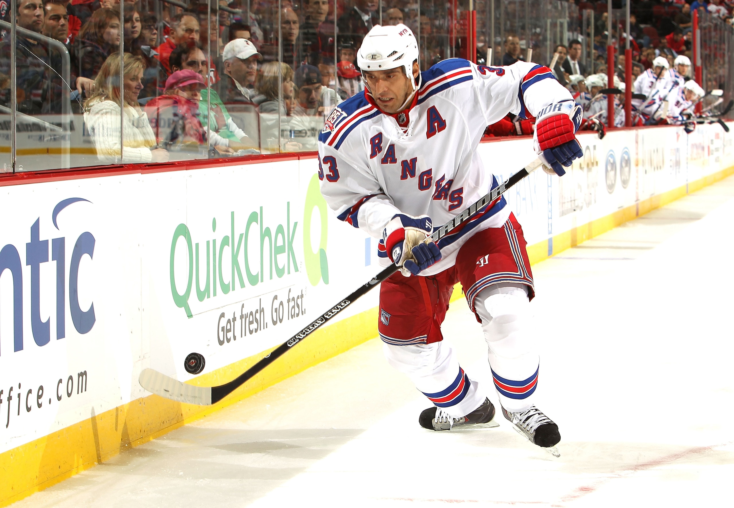 NEWARK, NJ - NOVEMBER 05:  Michal Rozsival #33 of the New York Rangers against the New Jersey Devils at the Prudential Center on November 5, 2010 in Newark, New Jersey.  (Photo by Nick Laham/Getty Images)