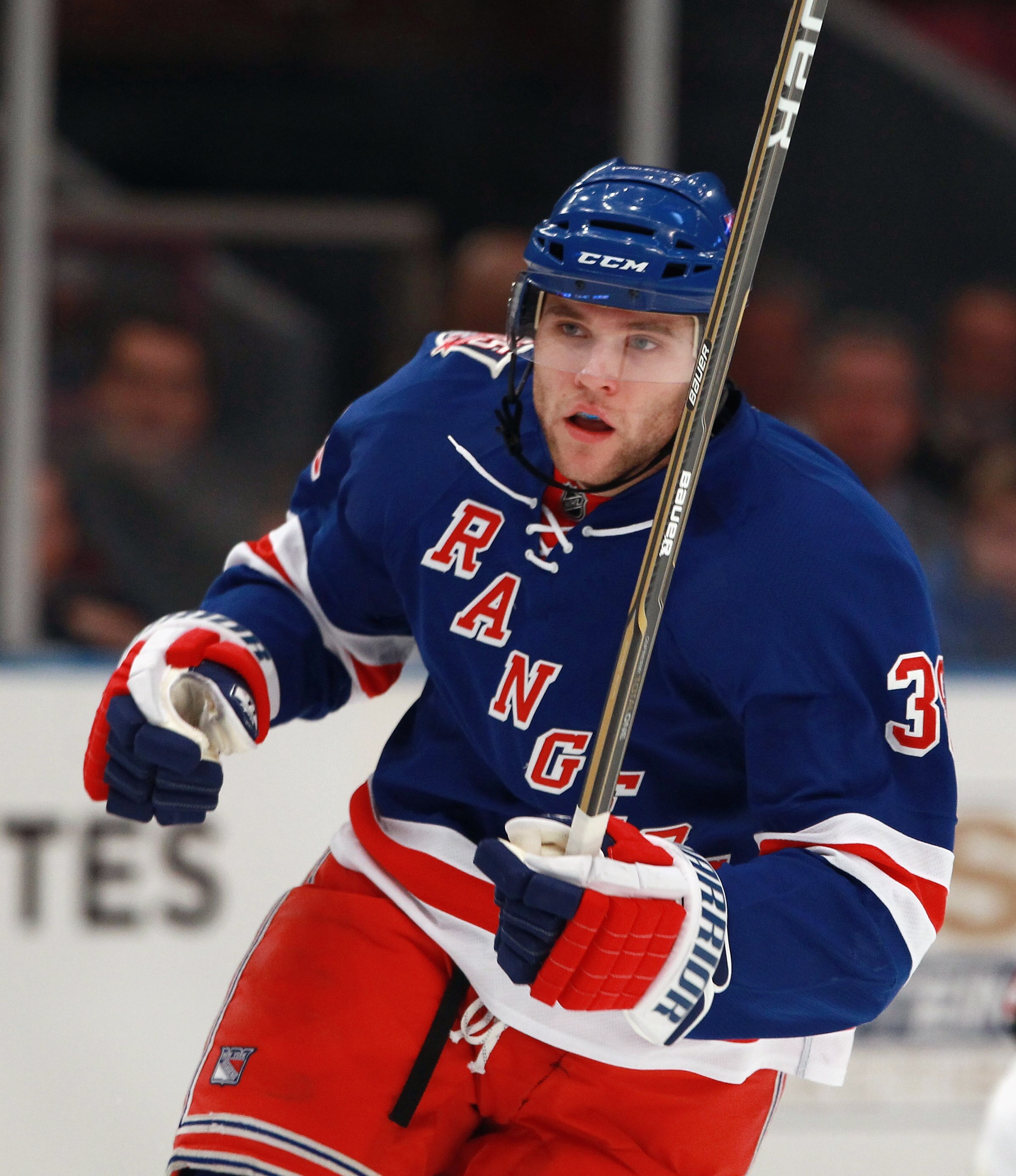 NEW YORK - NOVEMBER 01:  Michael Sauer #38 of the New York Rangers skates against the Chicago Blackhawks at Madison Square Garden on November 1, 2010 in New York City. The Rangers defeated the Blackhawks 3-2.  (Photo by Bruce Bennett/Getty Images)