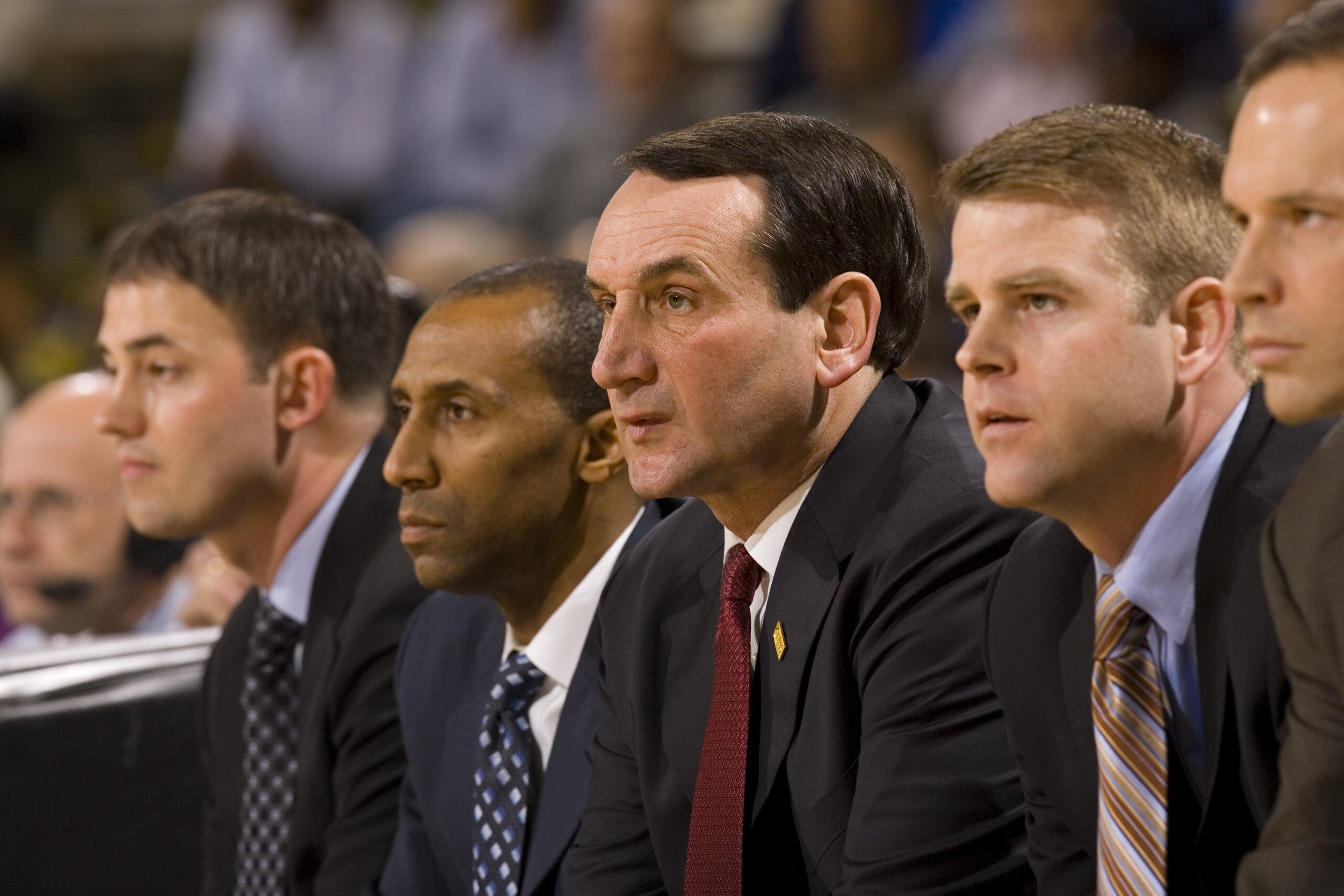 ATLANTA - JANUARY 10: (L-R): Director of Basketball Operations Mike Schrage, assistant coach Johnny Dawkins, head coach Mike Krzyzewski and assistant coaches Steve Wojciechowski and Chris Collins of the Duke Blue Devils watch play from the bench during t ATLANTA - JANUARY 10: (L-R): Director of Basketball Operations Mike Schrage, assistant coach Johnny Dawkins, head coach Mike Krzyzewski and assistant coaches Steve Wojciechowski and Chris Collins of the Duke Blue Devils watch play from the bench during t