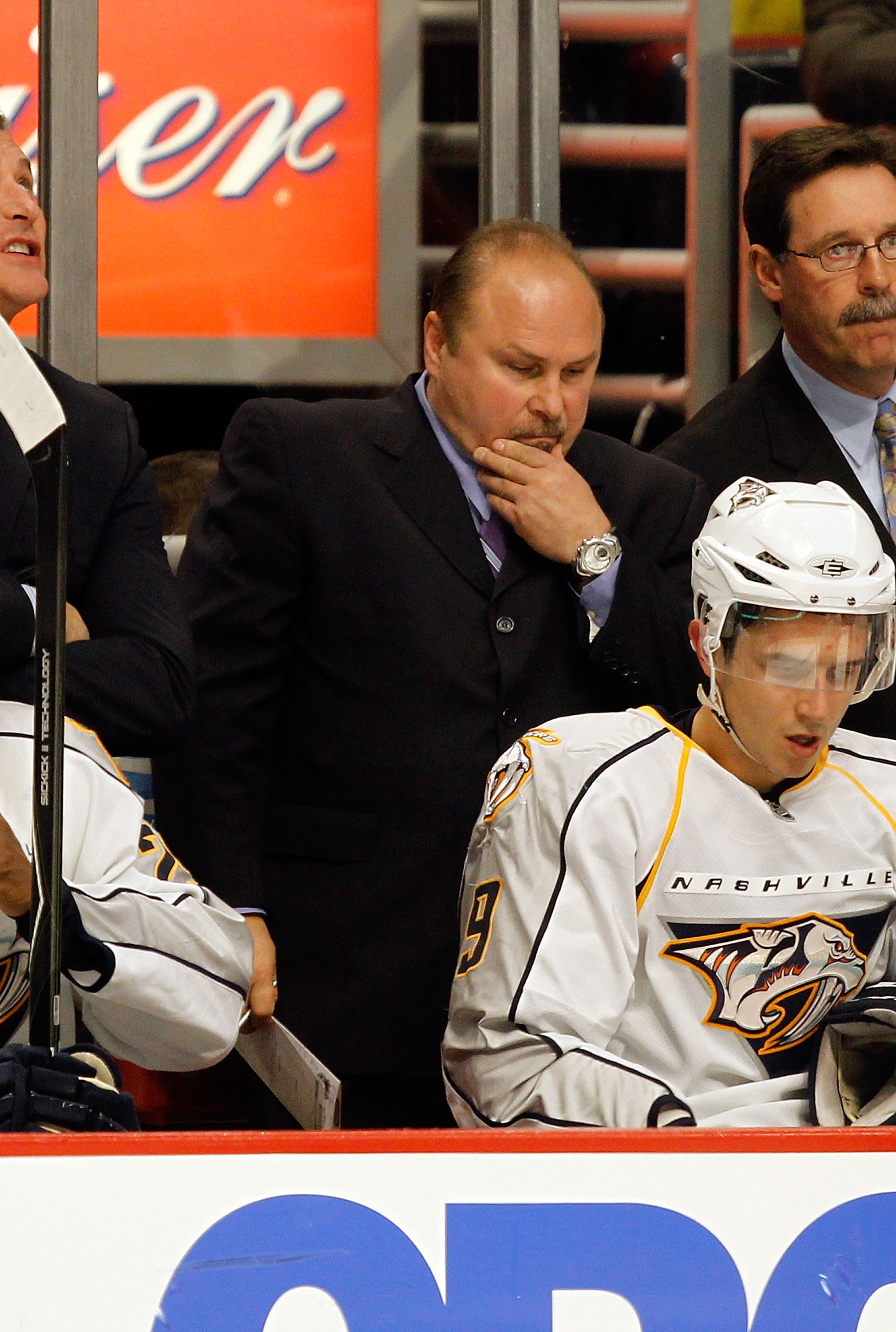 CHICAGO - APRIL 18: Head coach Barry Trotz of the Nashville Predators is pictured on the bench against the Chicago Blackhawks in Game Two of the Western Conference Quarterfinals during the 2010 NHL Stanley Cup Playoffs at the United Center on April 18, 20