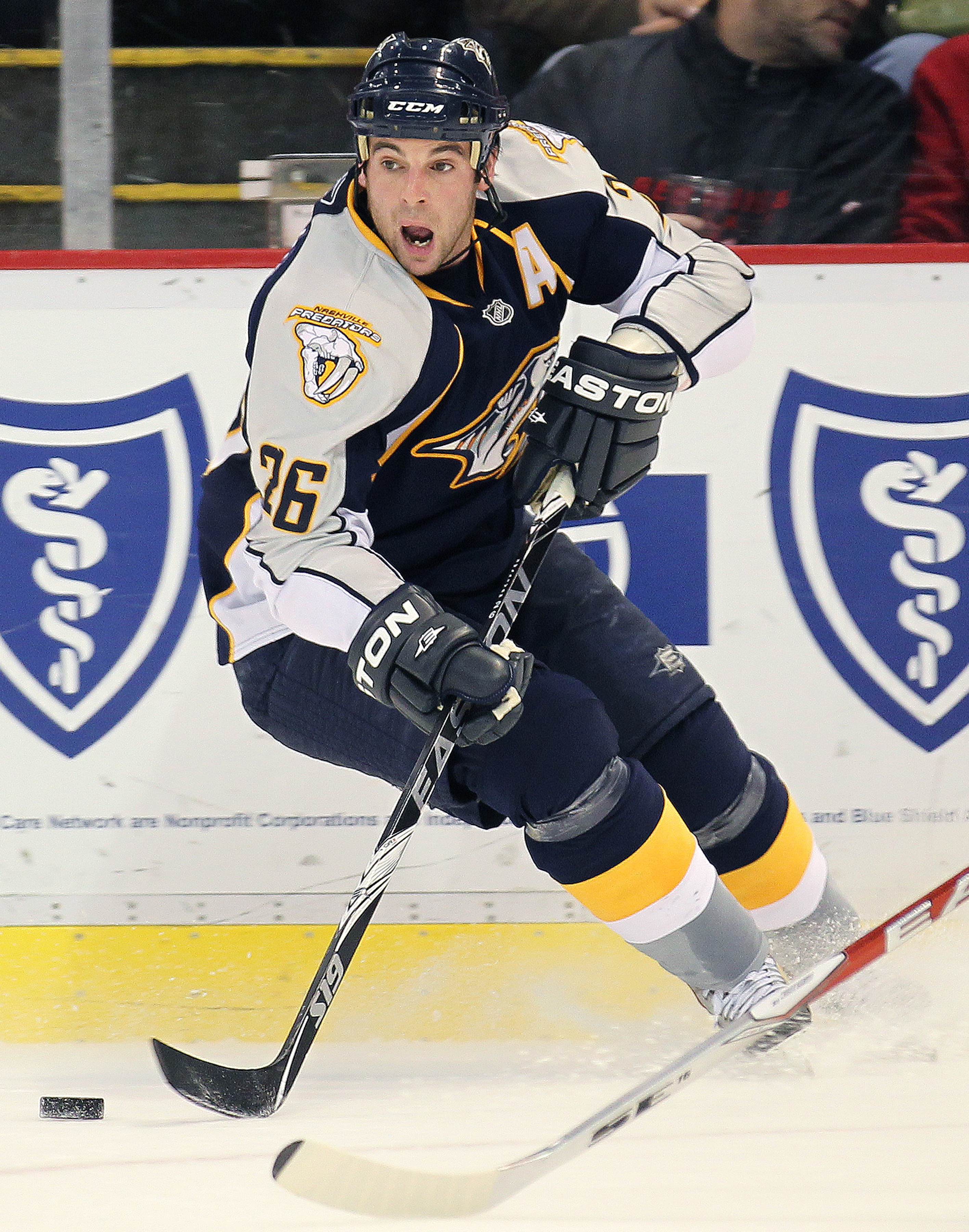 DETROIT,MI - OCTOBER 30:  Steve Sullivan #26 of the Nashville Predators turns with the puck in a game against the Detroit Red Wings on October 30,2010 at the Joe Louis Arena in Detroit , Michigan. The Wings defeated the Predators 5-2. (Photo by Claus Ande