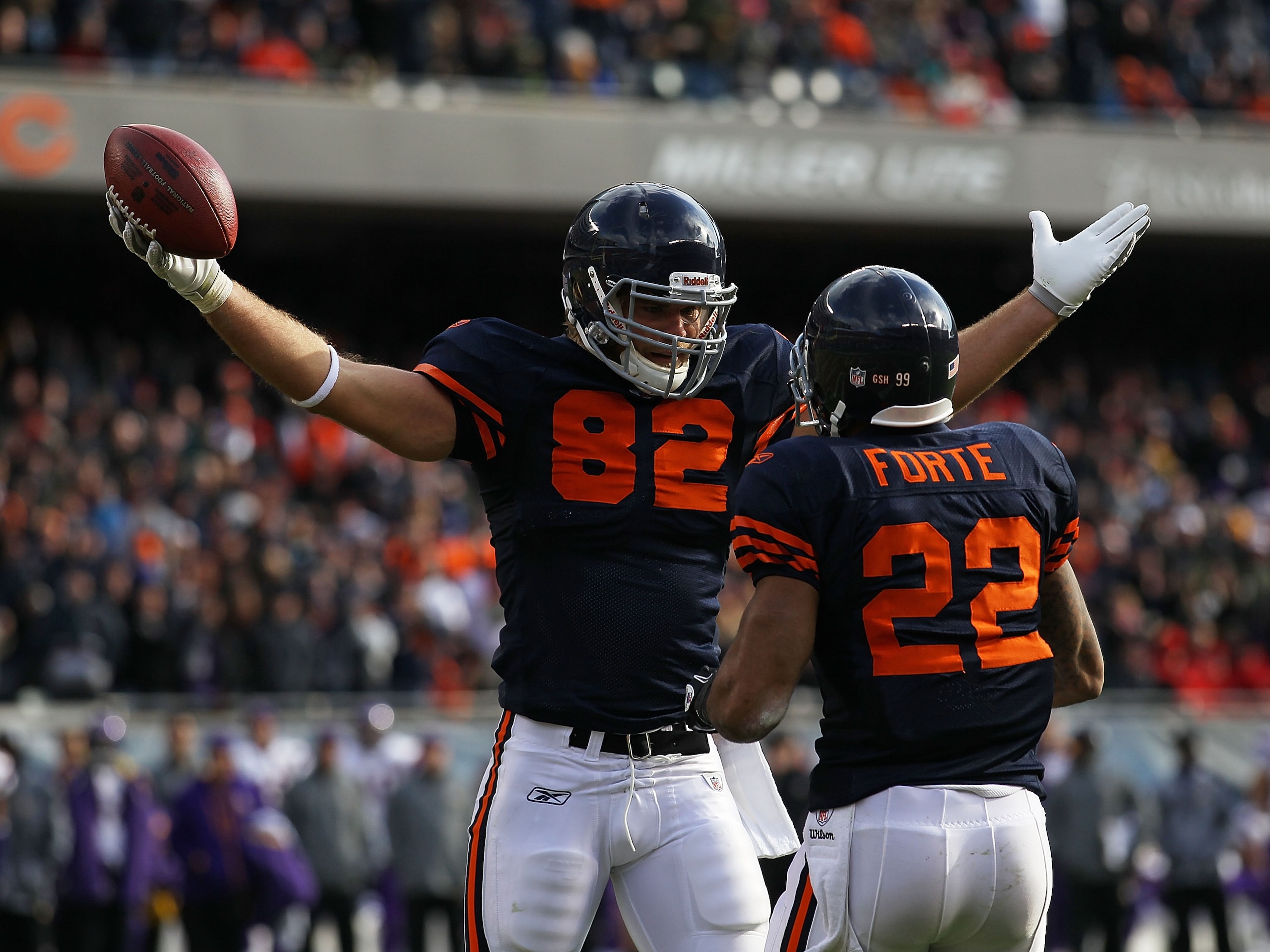 CHICAGO - NOVEMBER 14: Greg Olsen #82 of the Chicago Bears celebrates a touchdown catch with teammate Matt Forte #22 against the Minnesota Vikings at Soldier Field on November 14, 2010 in Chicago, Illinois. The Bears defeated the Vikings 27-13. (Photo by CHICAGO - NOVEMBER 14: Greg Olsen #82 of the Chicago Bears celebrates a touchdown catch with teammate Matt Forte #22 against the Minnesota Vikings at Soldier Field on November 14, 2010 in Chicago, Illinois. The Bears defeated the Vikings 27-13. (Photo by