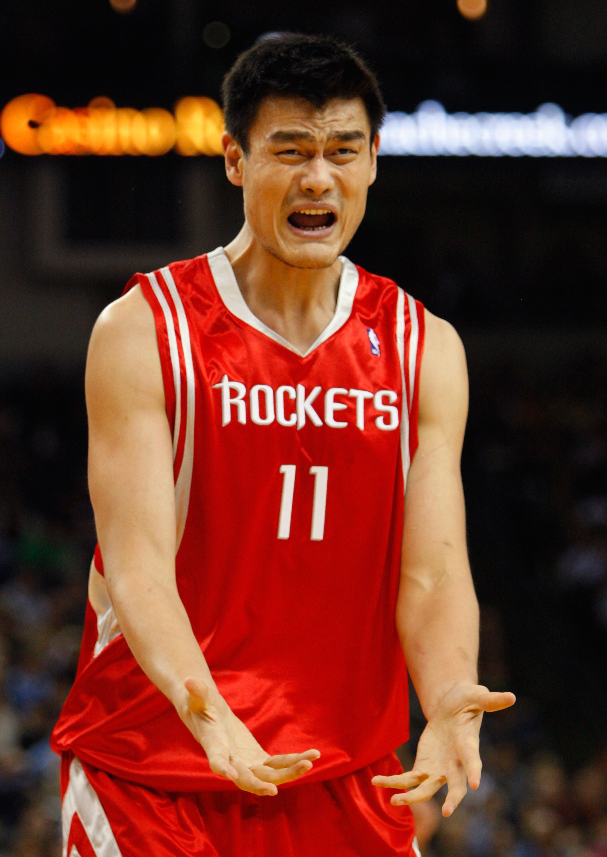 OAKLAND, CA - NOVEMBER 29:  Yao Ming #11 of the Houston Rockets reacts to a call during the first half against the Golden State Warriors  November 29, 2007 at the Oracle Arena in Oakland, California.  (Photo by Justin Sullivan/Getty Images)