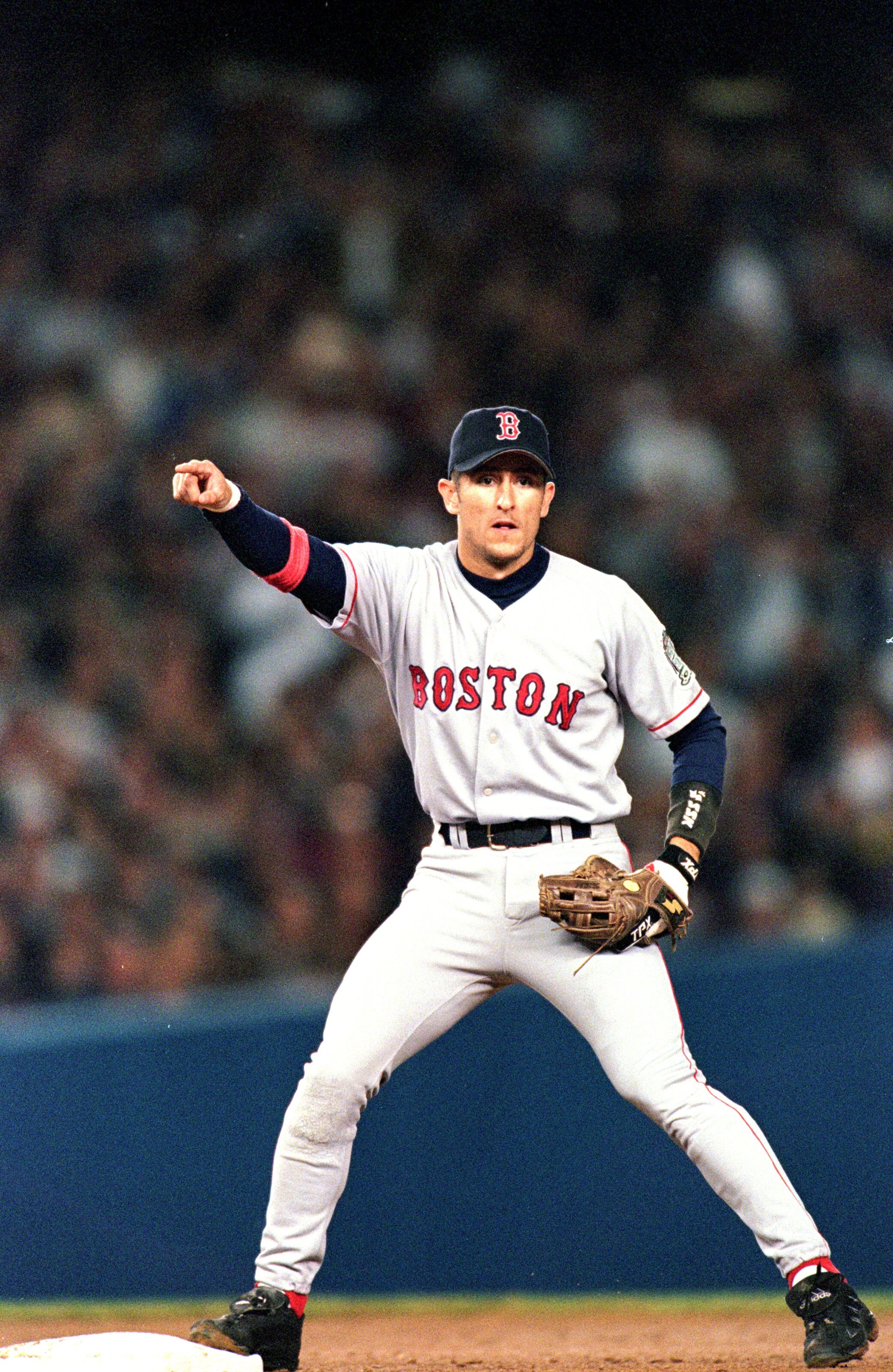 13 Oct 1999:  Nomar Garciaparra #5 of the Boston Red Sox points from the infield during the ALCS game against the New York Yankees at Yankee Stadium in the Bronx, New York. The Yankees defeated the Red Sox 4-3. Mandatory Credit: Ezra O. Shaw  /Allsport