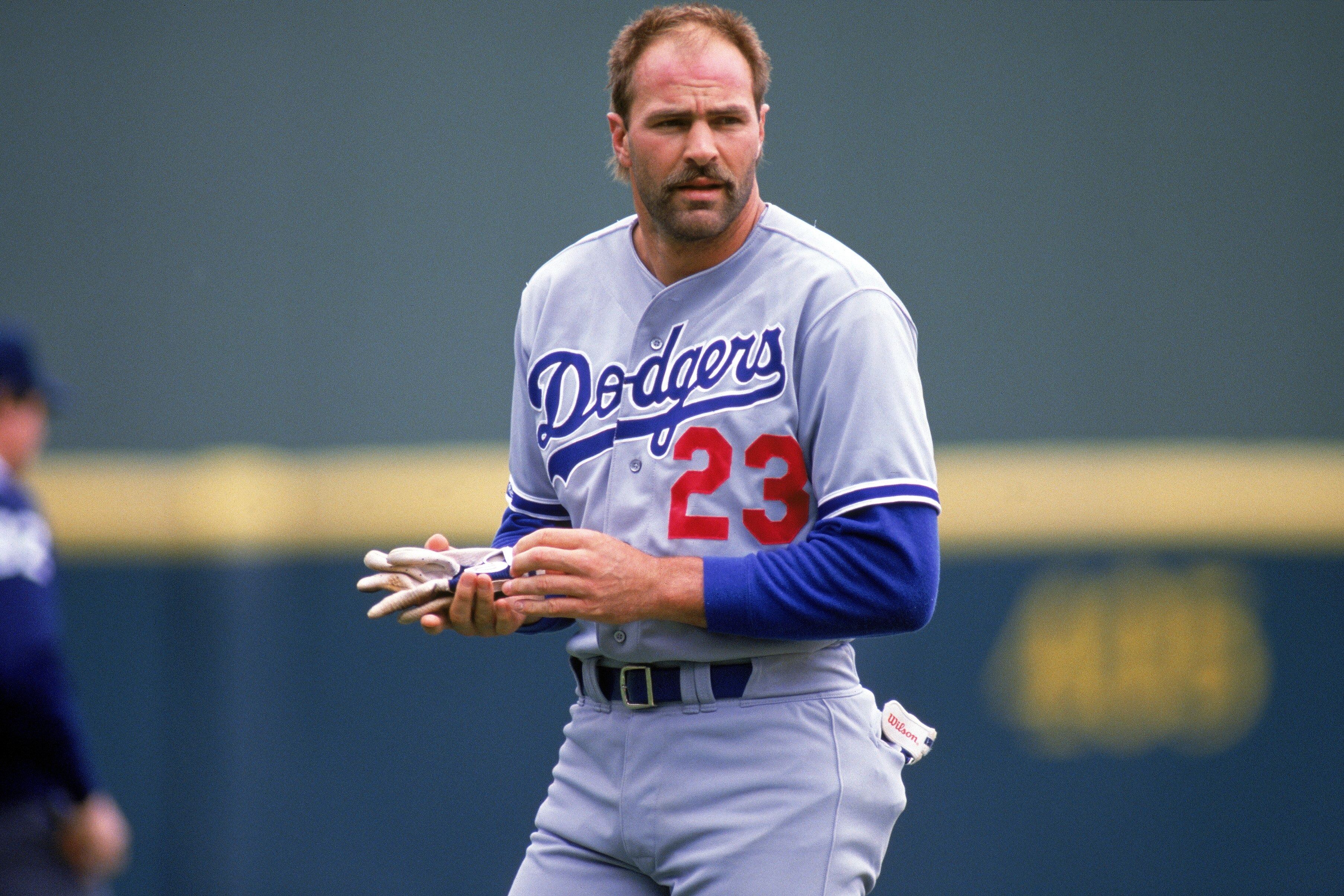 SAN DIEGO - 1988:  Outfielder Kirk Gibson #23 of the Los Angeles Dodgers with his helmet off during a 1988 season game against the San Diego Padres at Jack Murphy Stadium in San Diego, California.  (Photo by Stephen Dunn/Getty Images)