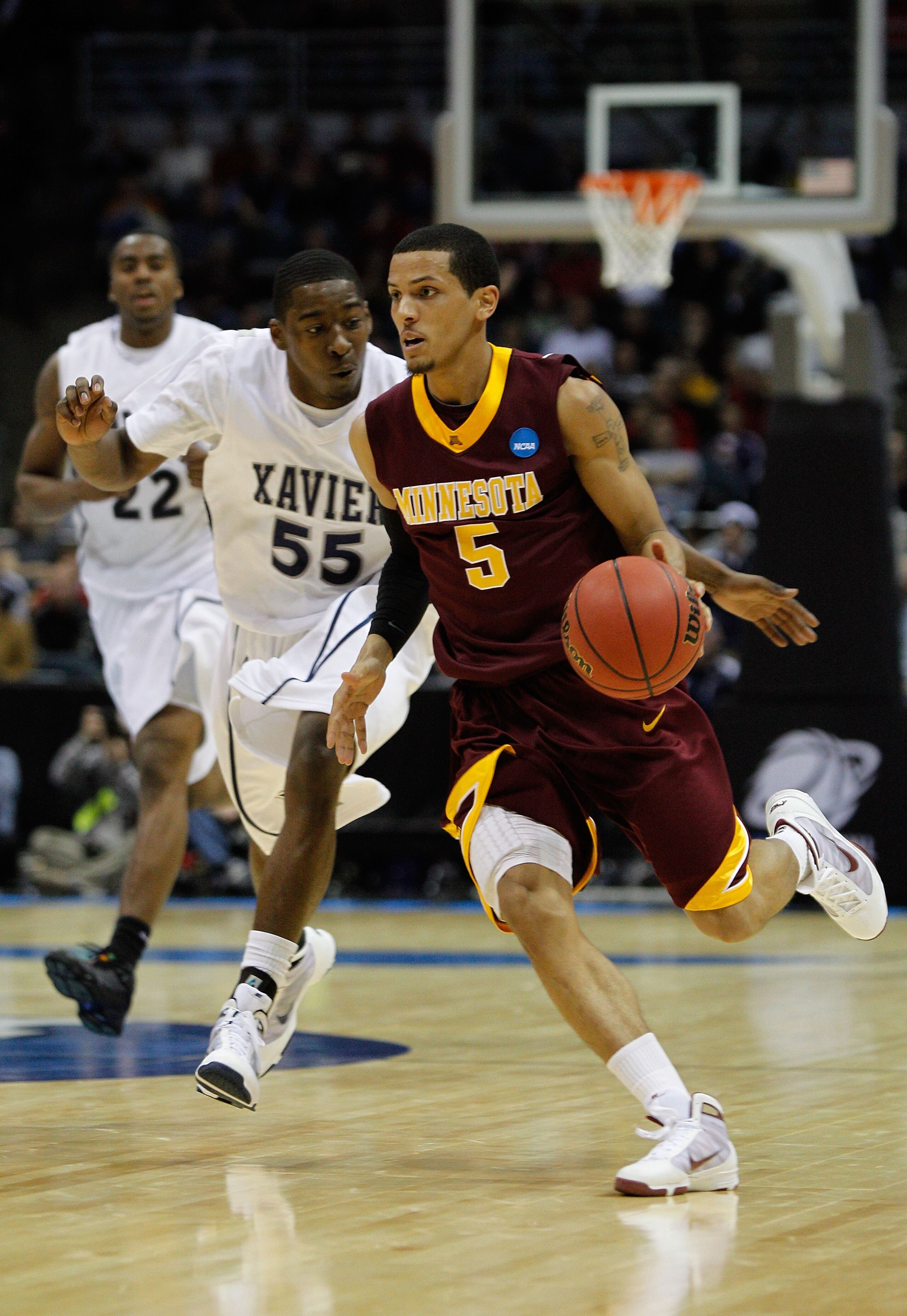 MILWAUKEE - MARCH 19:  Devoe Joseph #5 of the Minnesota Golden Gophers drives the ball against the Xavier Musketeers during the first round of the 2010 NCAA men's basketball tournament at the Bradley Center on March 19, 2010 in Milwaukee, Wisconsin.  (Pho