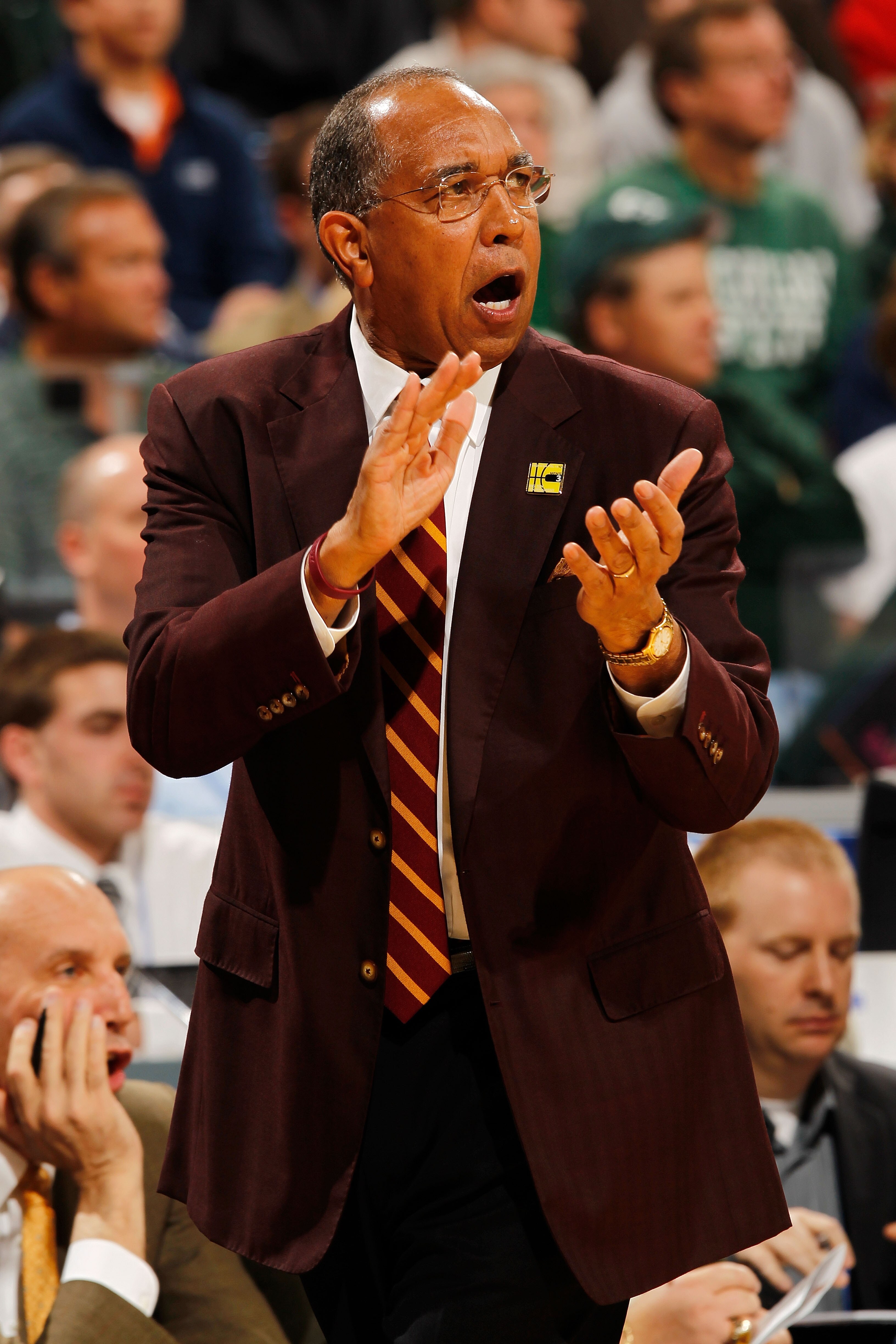 INDIANAPOLIS - MARCH 12:  Head coach Tubby Smith of the Minnesota Golden Gophers reacts to a play against the Michigan State Spartans during their quarterfinal game in the Big Ten Men's Basketball Tournament at Conseco Fieldhouse on March 12, 2010 in Indi