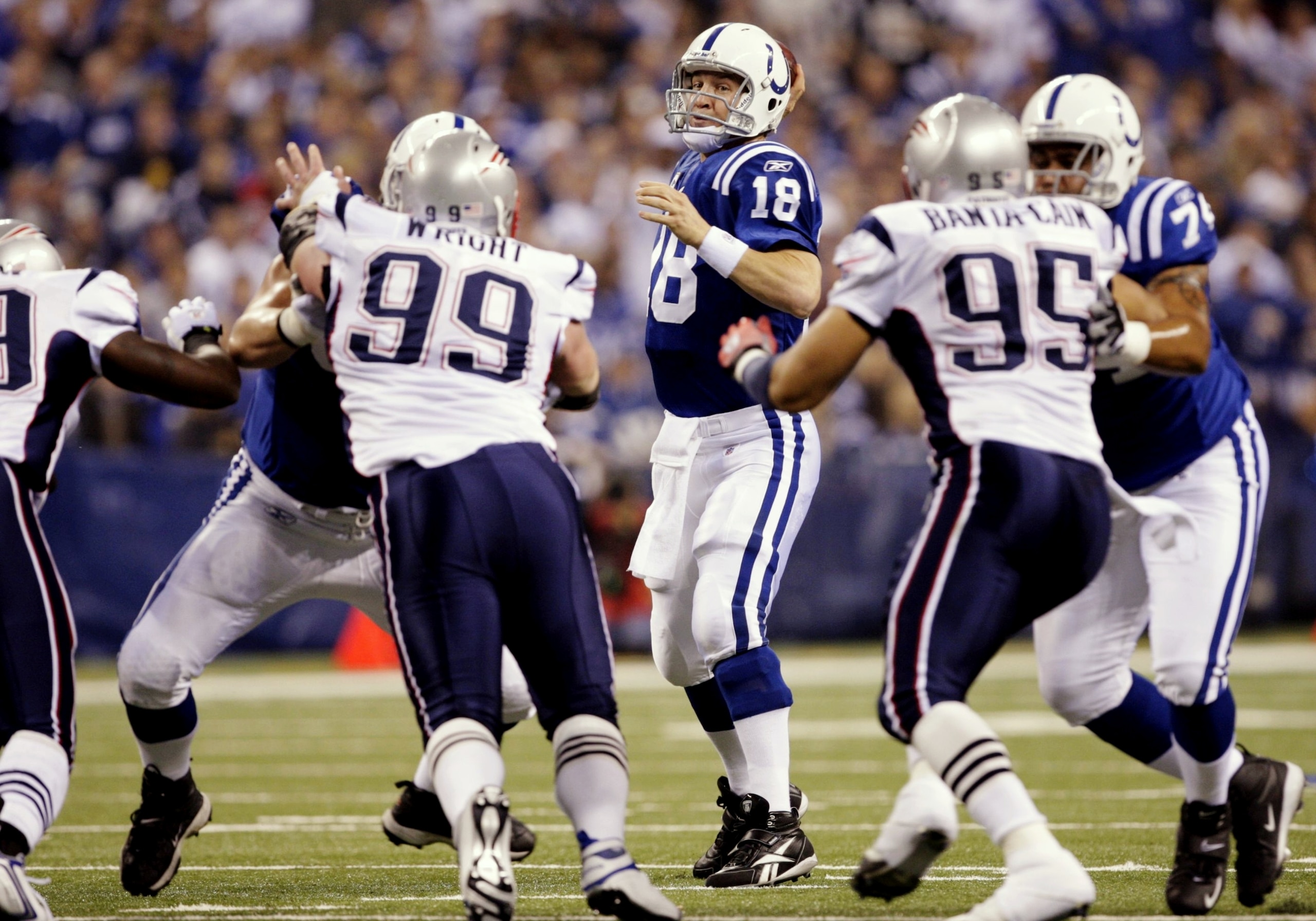 INDIANAPOLIS - NOVEMBER 15:  Quarterback Peyton Manning #18 of the Indianapolis Colts throws the ball during the first quarter of the game against the New England Patriots at Lucas Oil Stadium on November 15, 2009 in Indianapolis, Indiana.  (Photo by Jami