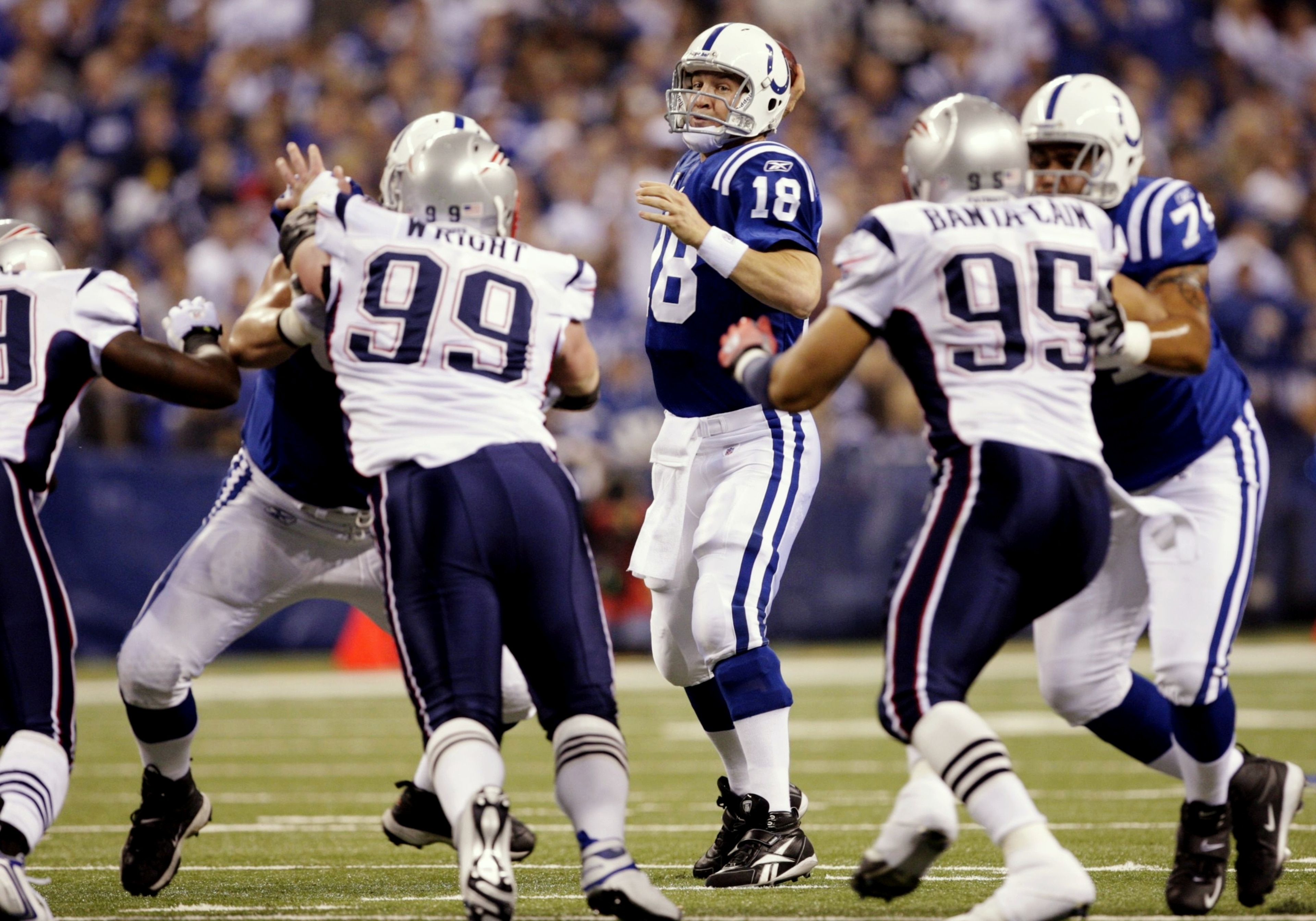 INDIANAPOLIS - NOVEMBER 15:  Quarterback Peyton Manning #18 of the Indianapolis Colts throws the ball during the first quarter of the game against the New England Patriots at Lucas Oil Stadium on November 15, 2009 in Indianapolis, Indiana.  (Photo by Jami
