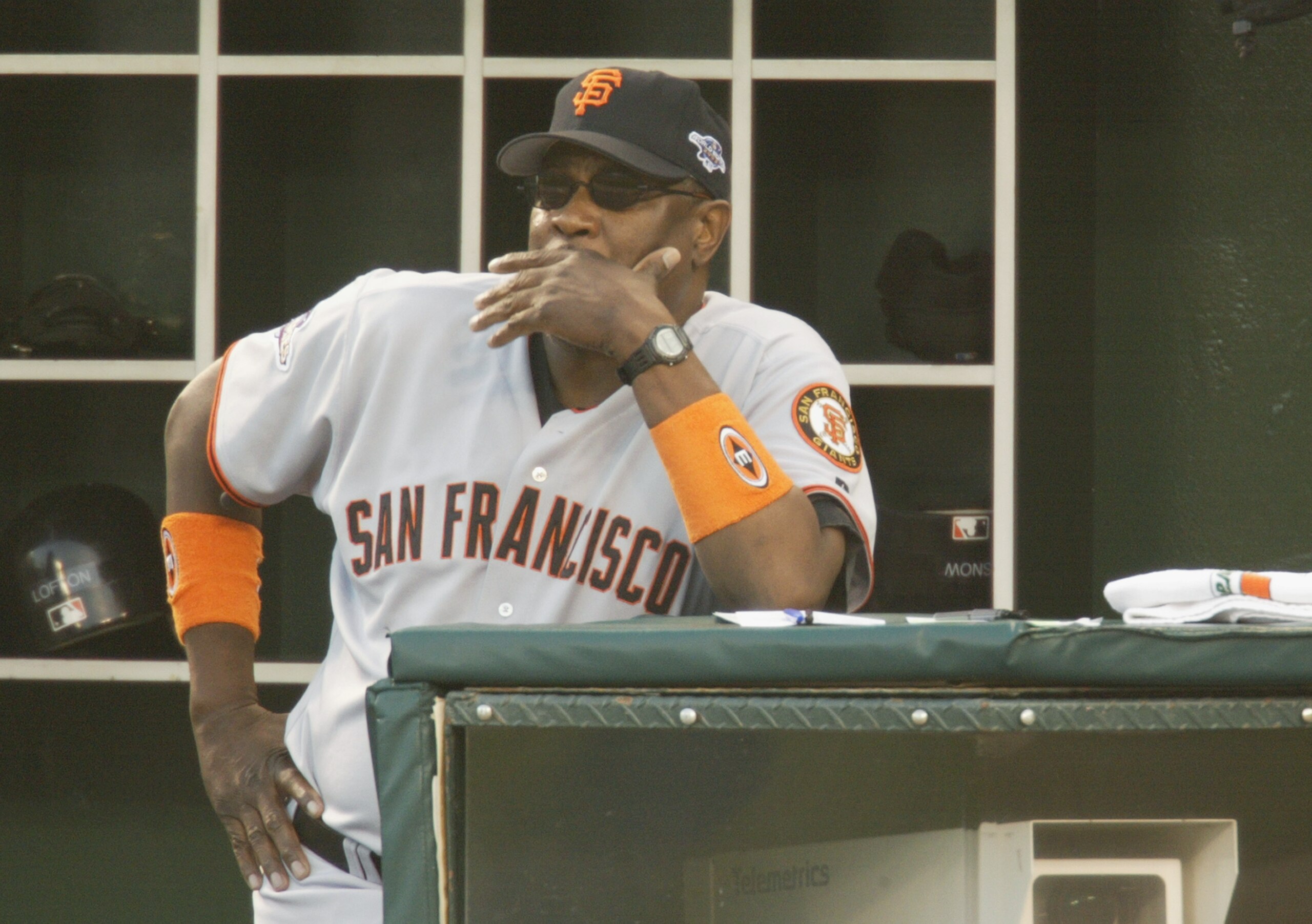 ANAHEIM, CA - OCTOBER 20:  Manager Dusty Baker of the San Francisco Giants looks on from the dugout during game two of the 2002 World Series against the Anaheim Angels at Edison Field on October 20, 2002 in Anaheim, California.  The Angels won 11-10, knot
