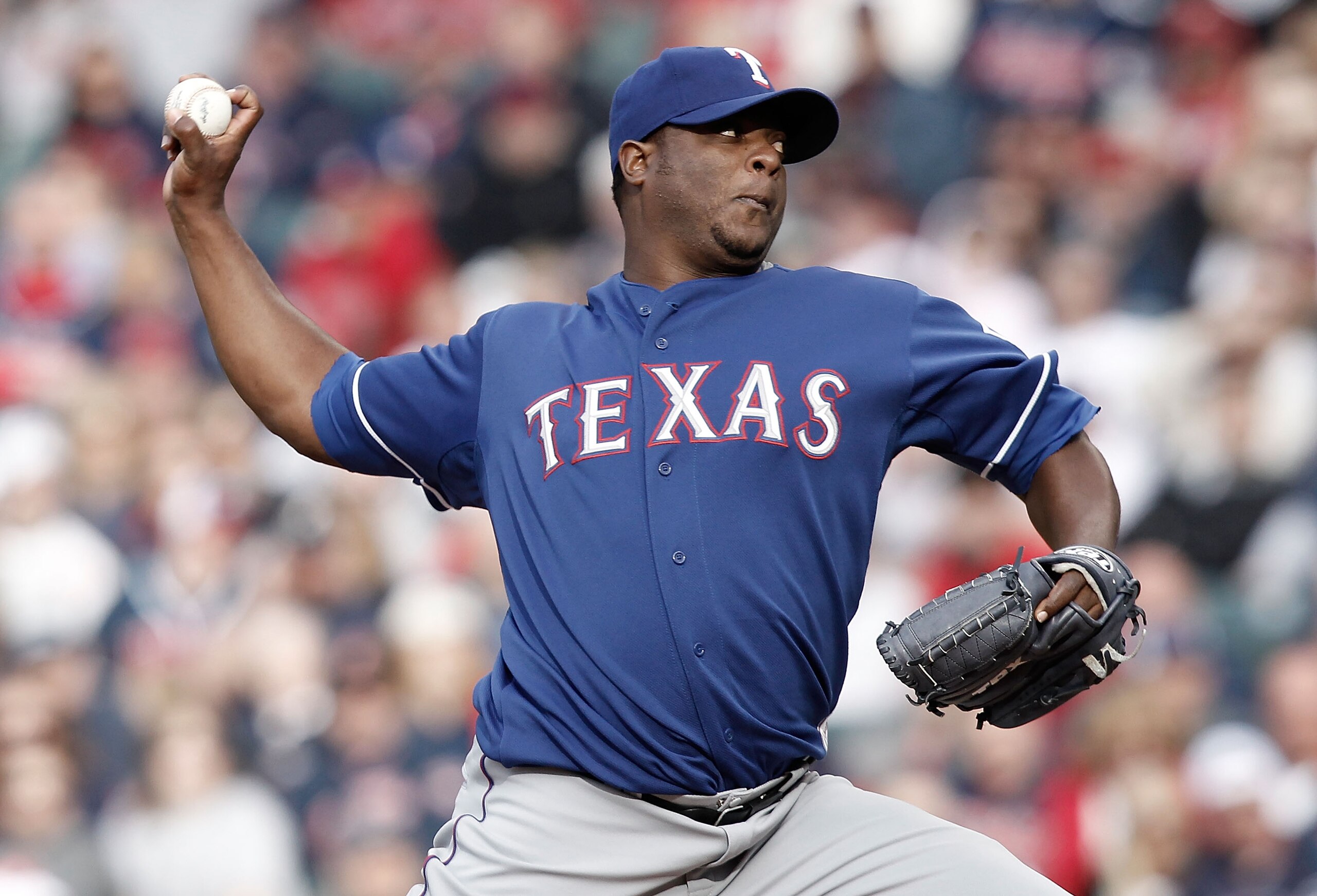 CLEVELAND, OH- APRIL 12: Frank Francisco #50 of the Texas Rangers pitches against the Cleveland Indians during the Opening Day game on April 12, 2010 at Progressive Field in Cleveland, Ohio.  (Photo by Jared Wickerham/Getty Images)