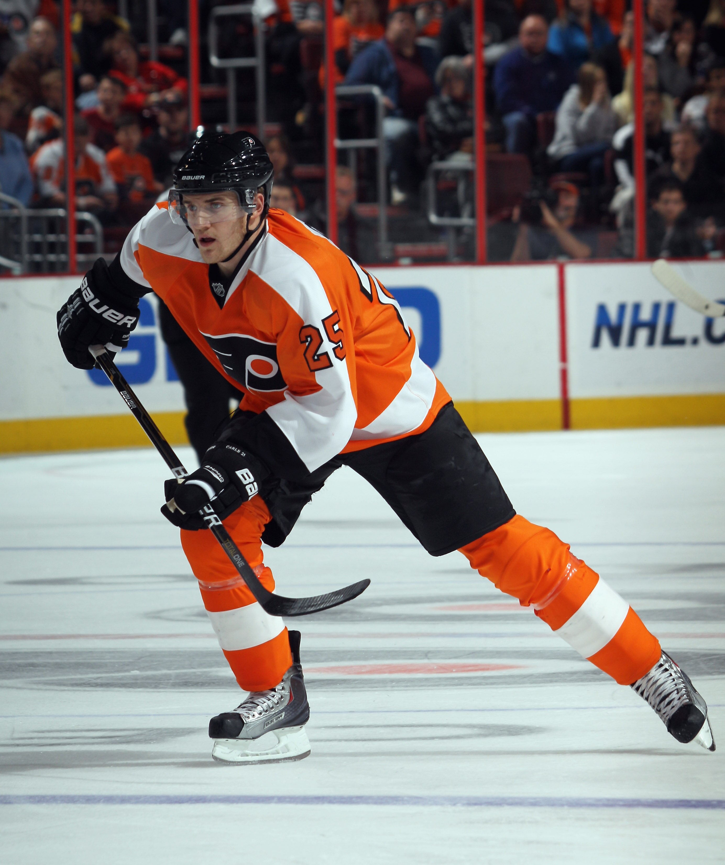 PHILADELPHIA - NOVEMBER 18: Matt Carle #25 of the Philadelphia Flyers skates against the Tampa Bay Lightning at the Wells Fargo Center on November 18, 2010 in Philadelphia, Pennsylvania. The Lightning defeated the Flyers 8-7. (Photo by Bruce Bennett/Get PHILADELPHIA - NOVEMBER 18: Matt Carle #25 of the Philadelphia Flyers skates against the Tampa Bay Lightning at the Wells Fargo Center on November 18, 2010 in Philadelphia, Pennsylvania. The Lightning defeated the Flyers 8-7. (Photo by Bruce Bennett/Get