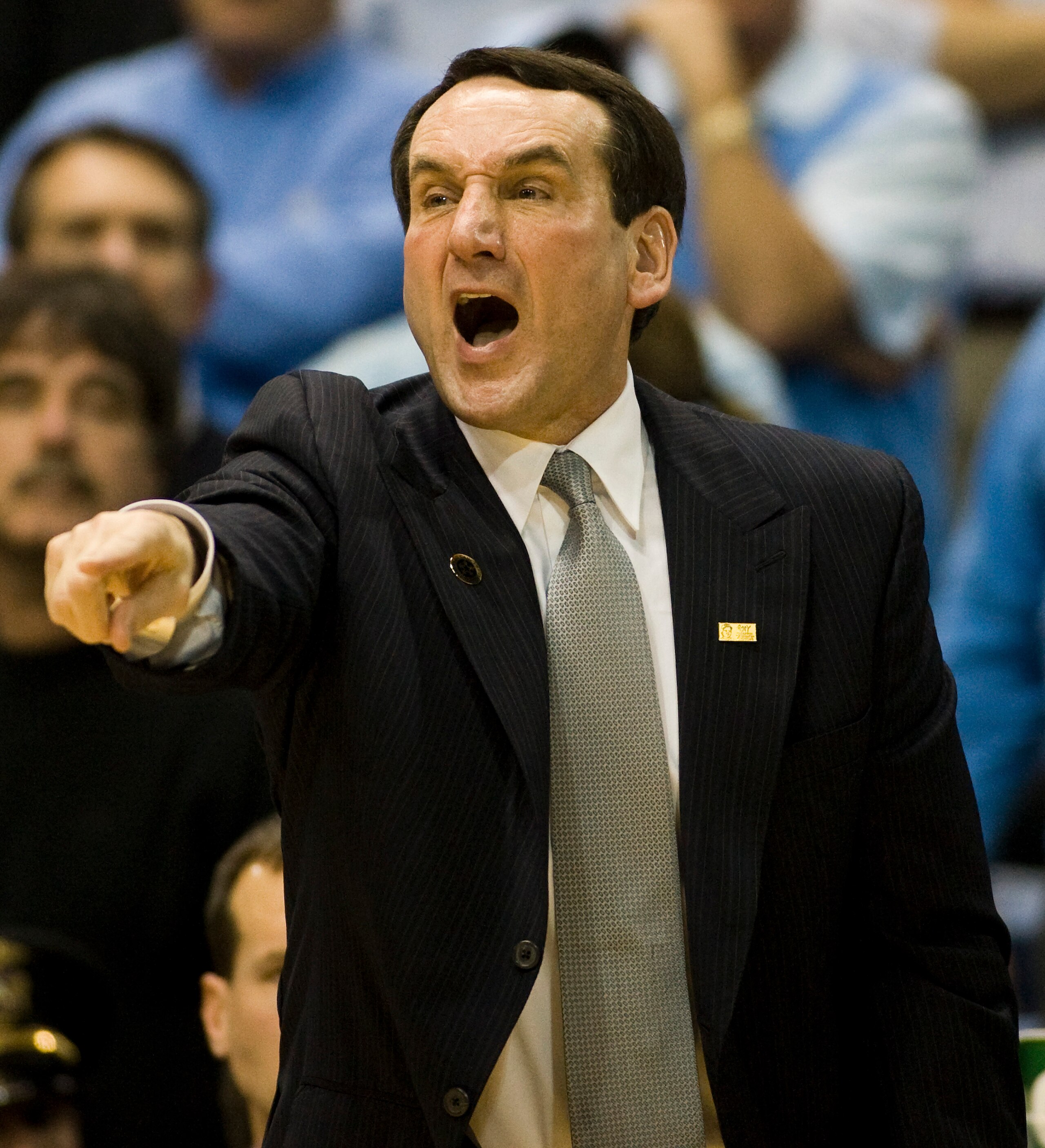 CHAPEL HILL, NC - FEBRUARY 10: Duke head coach Mike Krzyzewski argues a call against North Carolina during a men's college basketball game at Dean Smith Center on February 10, 2010 in Chapel Hill, North Carolina. (Photo by Chris Keane/Getty Images)