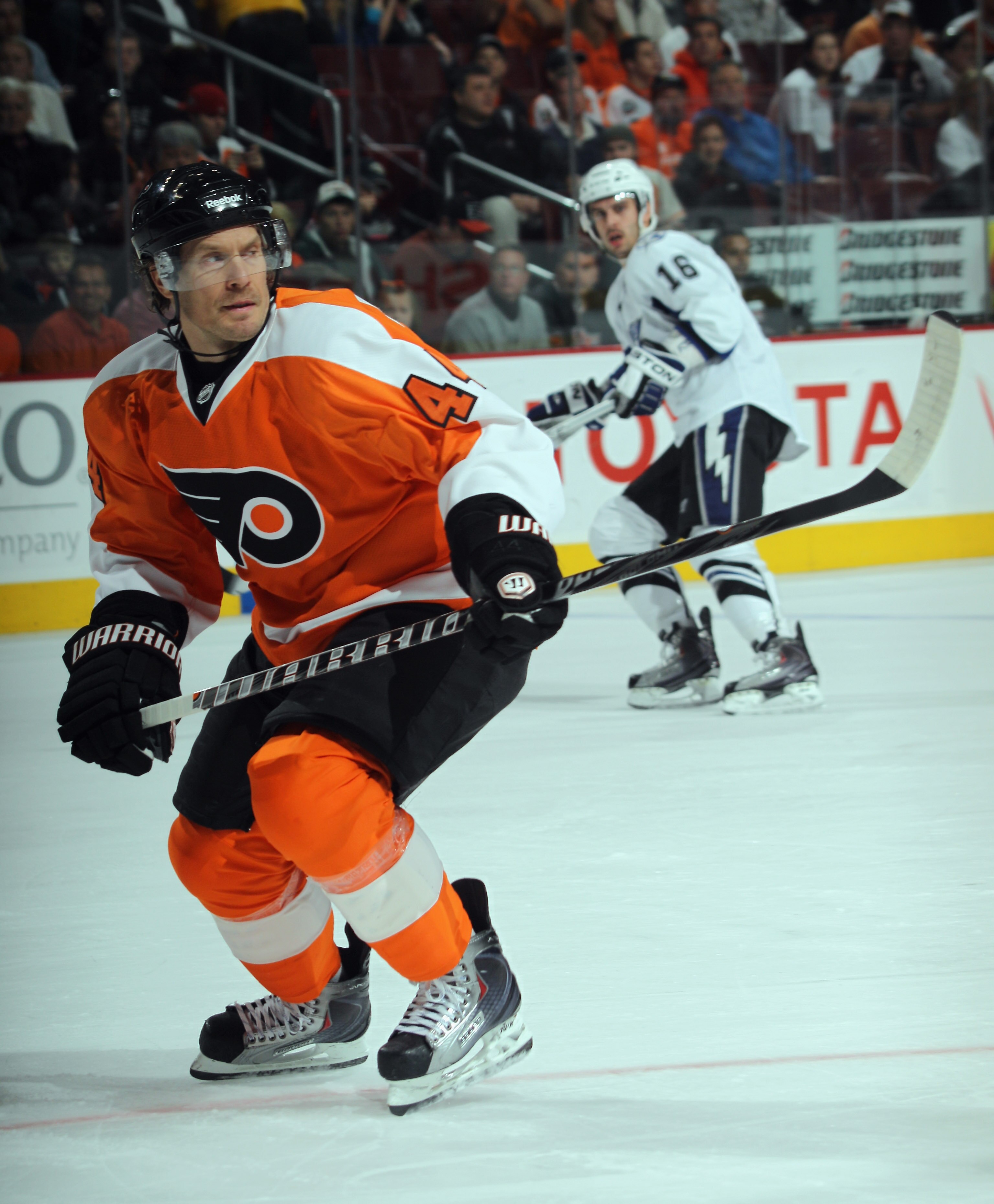 PHILADELPHIA - NOVEMBER 18: Kimmo Timonen #44 of the Philadelphia Flyers skates against the Tampa Bay Lightning at the Wells Fargo Center on November 18, 2010 in Philadelphia, Pennsylvania. The Lightning defeated the Flyers 8-7. (Photo by Bruce Bennett PHILADELPHIA - NOVEMBER 18: Kimmo Timonen #44 of the Philadelphia Flyers skates against the Tampa Bay Lightning at the Wells Fargo Center on November 18, 2010 in Philadelphia, Pennsylvania. The Lightning defeated the Flyers 8-7. (Photo by Bruce Bennett