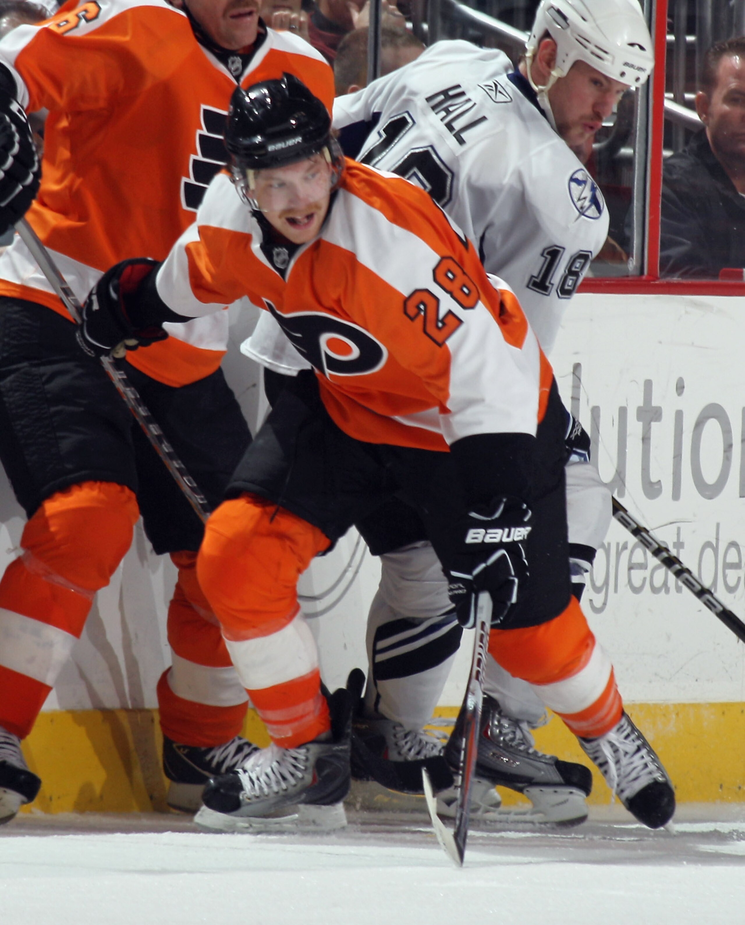 PHILADELPHIA - NOVEMBER 18: Claude Giroux #28 of the Philadelphia Flyers skates against the Tampa Bay Lightning at the Wells Fargo Center on November 18, 2010 in Philadelphia, Pennsylvania. The Lightning defeated the Flyers 8-7.  (Photo by Bruce Bennett/G