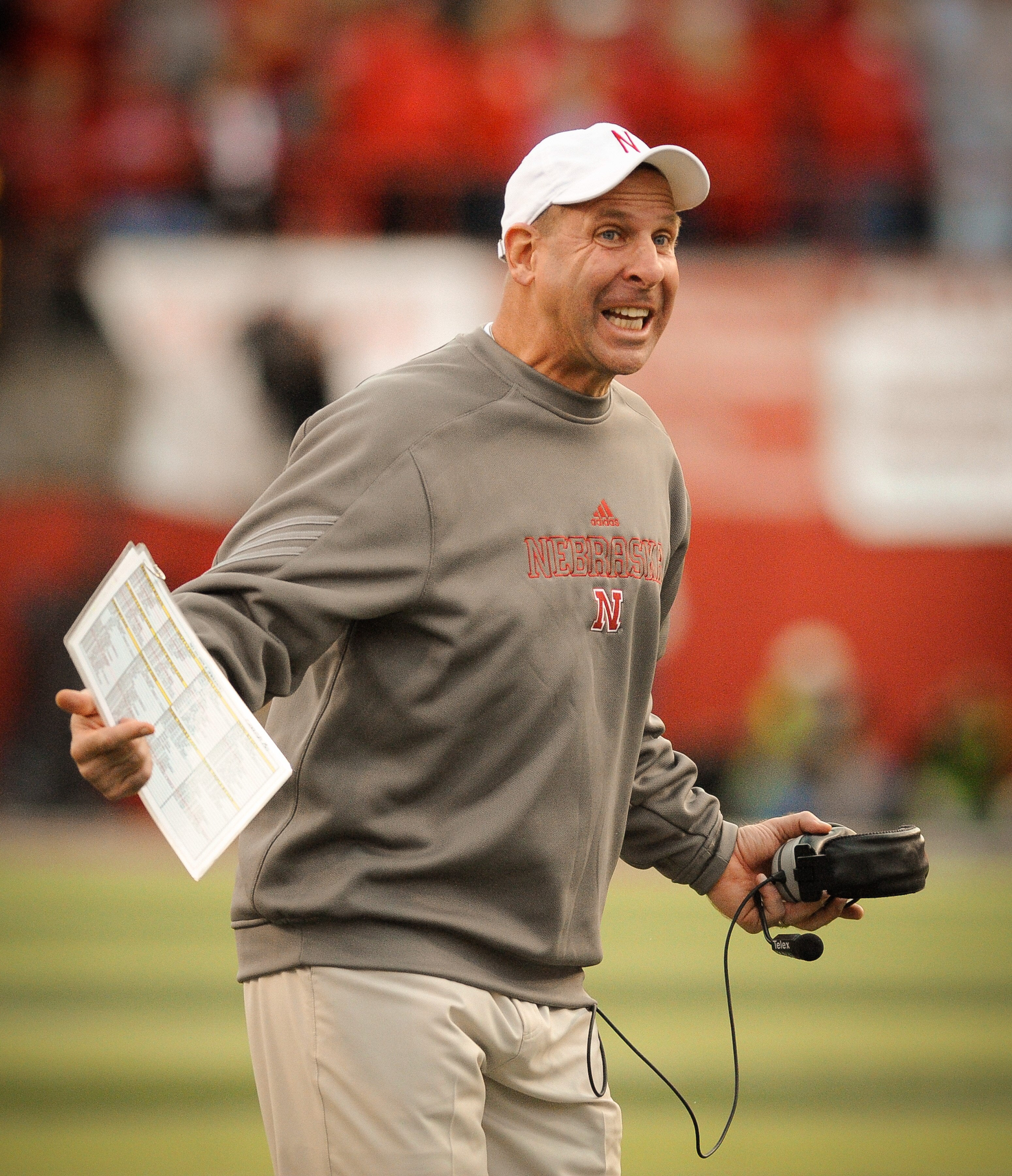 LINCOLN, NE - OCTOBER 30: Coach Bo Pelini of the Nebraska Cornhuskers asks for an explaination of a call during second half action of their game against the Missouri Tigers at Memorial Stadium on October 30, 2010 in Lincoln, Nebraska. Nebraska Defeated Mi