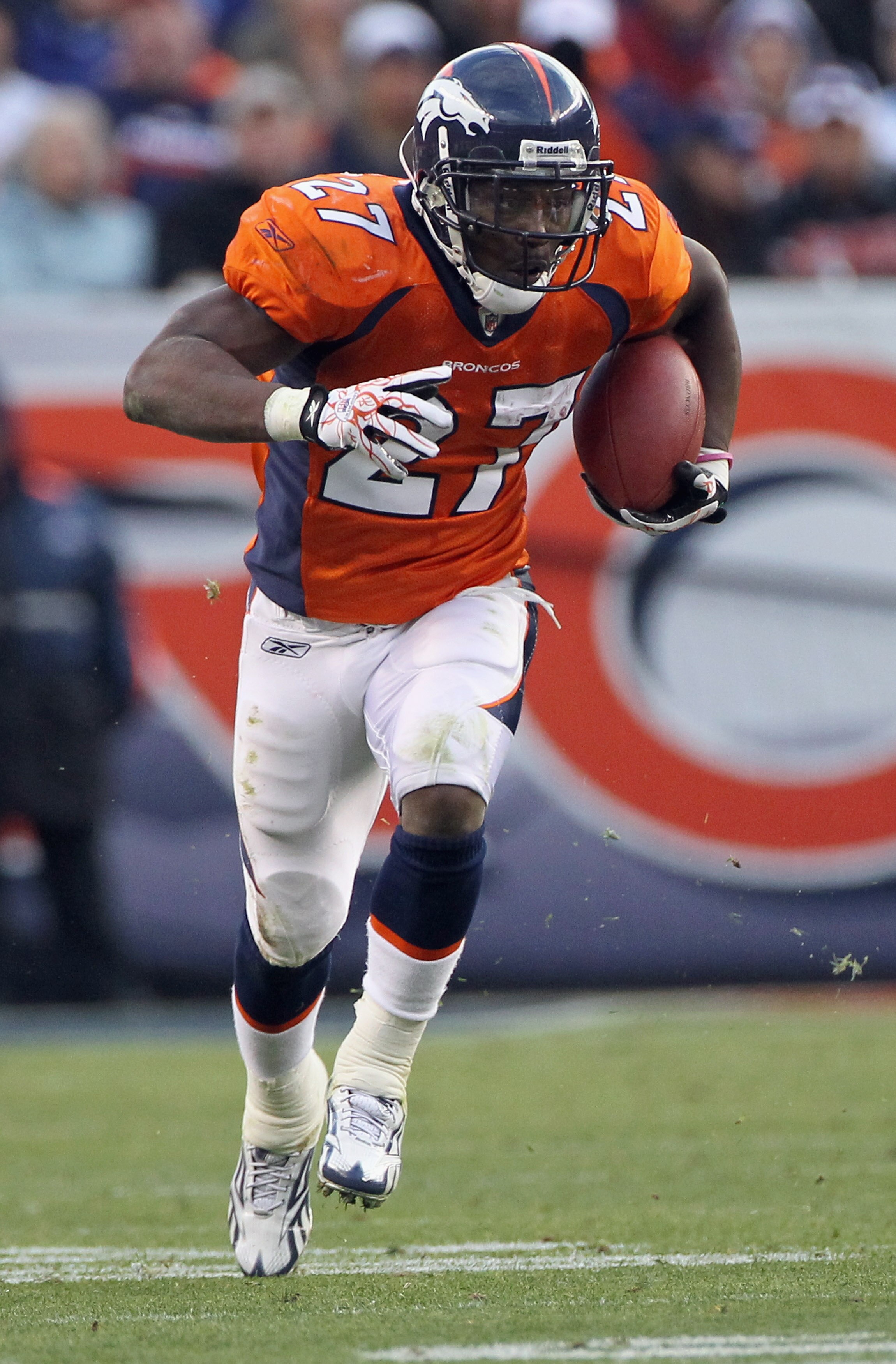 DENVER - NOVEMBER 14:  Running back Knowshon Moreno #27 of the Denver Broncos rushes against the Kansas City Chiefs at INVESCO Field at Mile High on November 14, 2010 in Denver, Colorado. The Broncos defeated the Chiefs 49-29.  (Photo by Doug Pensinger/Ge