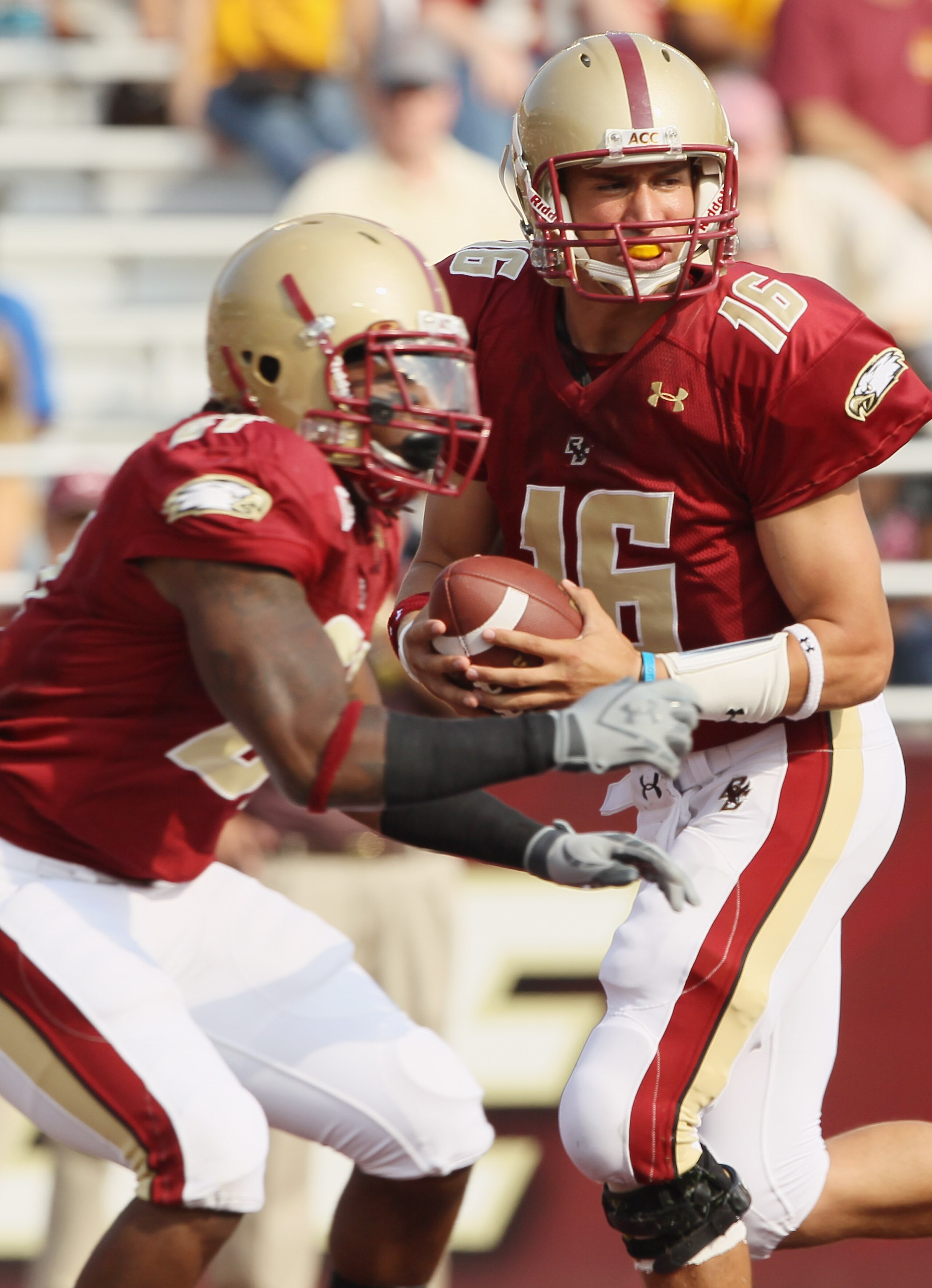 CHESTNUT HILL, MA - SEPTEMBER 25:  Mike Marscovetra #16 of the Boston College Eagles fakes the handoff in the fourth quarter against the Virginia Tech Hokies on September 25, 2010 at Alumni Stadium in Chestnut Hill, Massachusetts. Virginia Tech defeated B