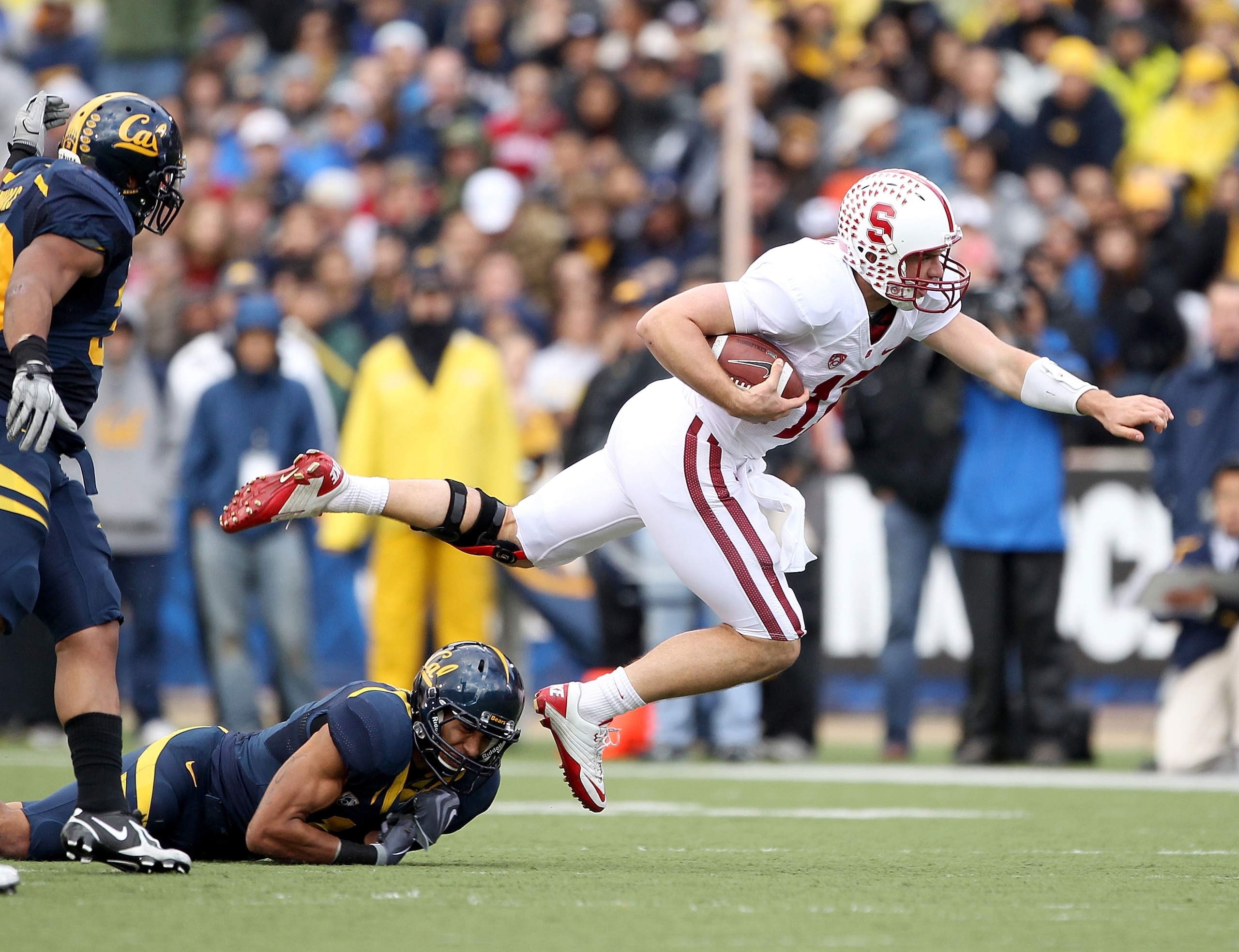 BERKELEY, CA - NOVEMBER 20:  Andrew Luck #12 of the Stanford Cardinal jumps over Sean Cattouse #11  the California Golden Bears at California Memorial Stadium on November 20, 2010 in Berkeley, California.  (Photo by Ezra Shaw/Getty Images)