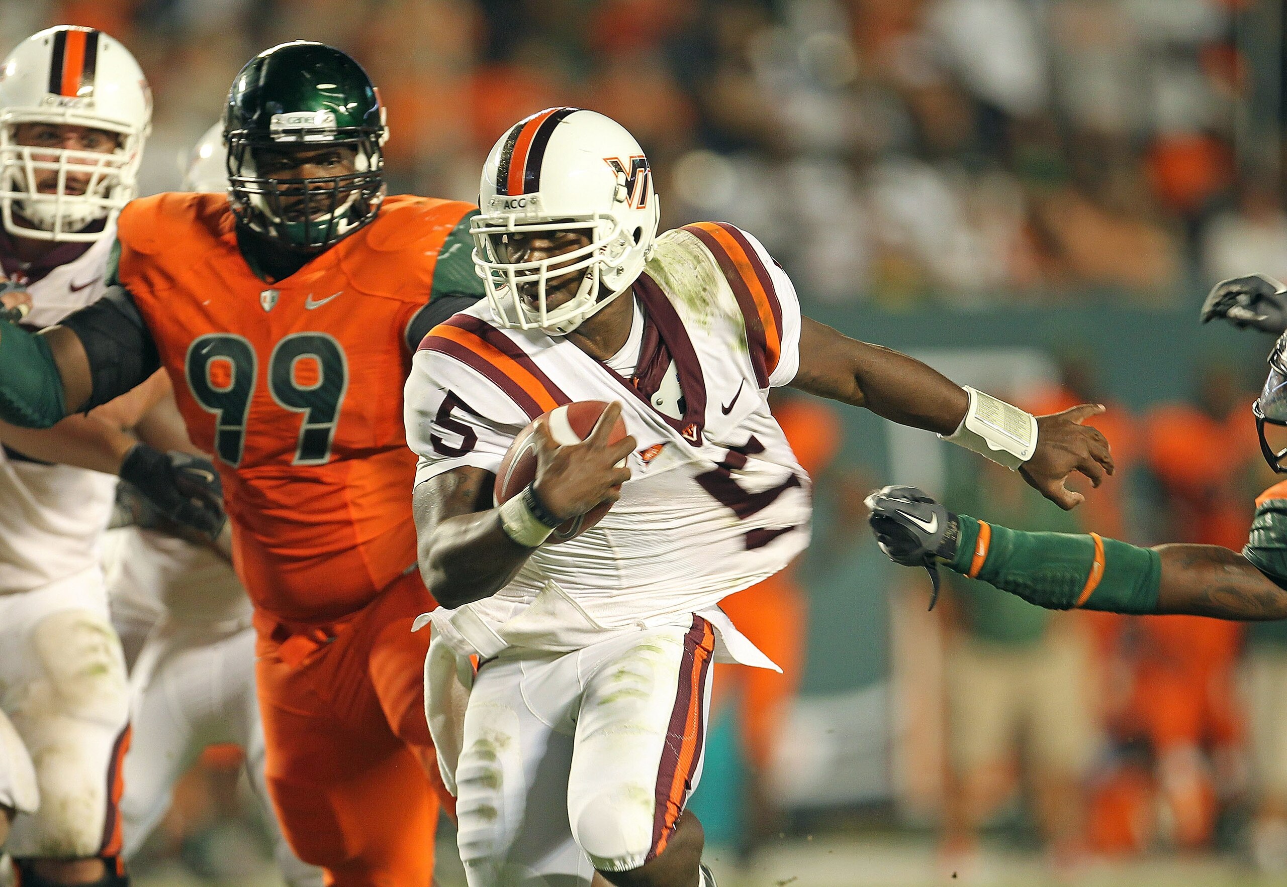 MIAMI - NOVEMBER 20:  Tyrod Taylor #5 of the Virginia Tech Hokies rushes for a touchdown during a game against the Miami Hurricanes at Sun Life Stadium on November 20, 2010 in Miami, Florida.  (Photo by Mike Ehrmann/Getty Images)