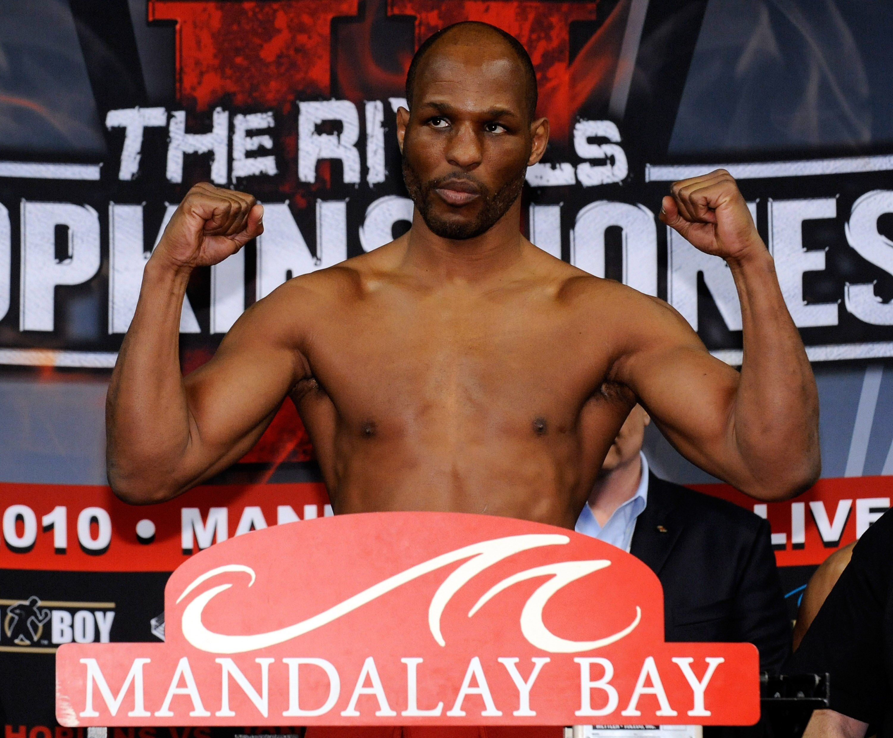 LAS VEGAS - APRIL 02:  Boxer Bernard Hopkins poses on the scale during the official weigh-in for his bout against Roy Jones Jr. at the Mandalay Bay Events Center April 2, 2010 in Las Vegas, Nevada. The two will meet in a light heavyweight bout on April 3