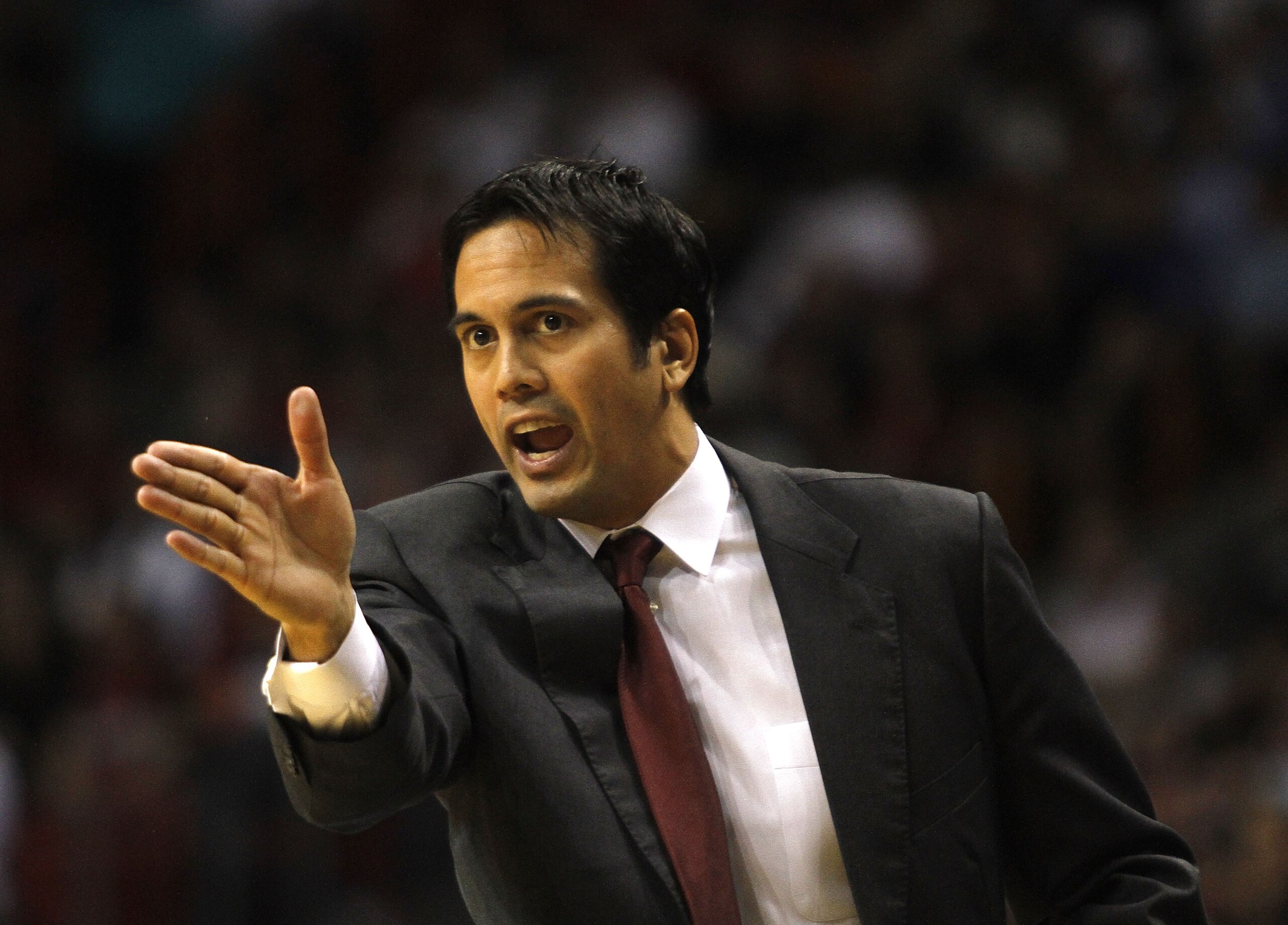 MIAMI - NOVEMBER 13:  Head coach Erik Spoelstra of the Miami Heat against the Toronto Raptors at American Airlines Arena on November 13, 2010 in Miami, Florida. NOTE TO USER: User expressly acknowledges and agrees that, by downloading and or using this ph