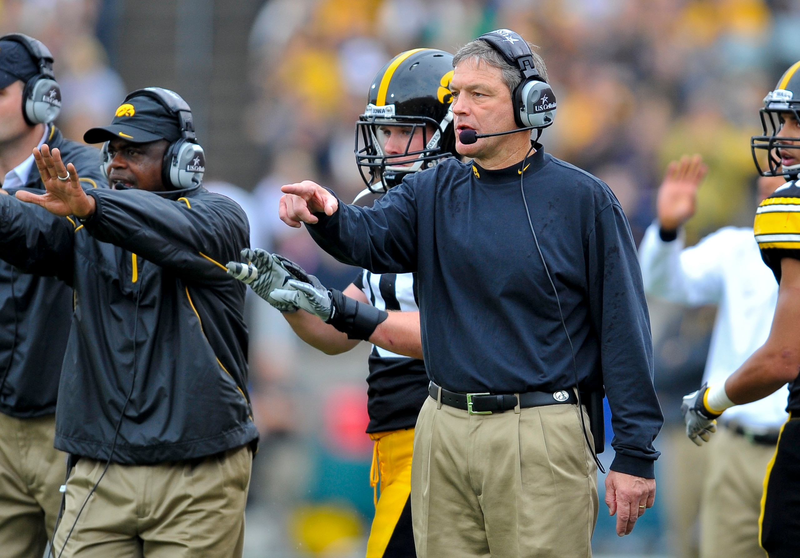 IOWA CITY, IA - OCTOBER 23- Kirk Ferentz head coach of the University of Iowa Hawkeyes looks on from the sidelines during the  second half against the Wisconsin Badgers during the first half of play at Kinnick Stadium on October 23, 2010 in Iowa City, Iow