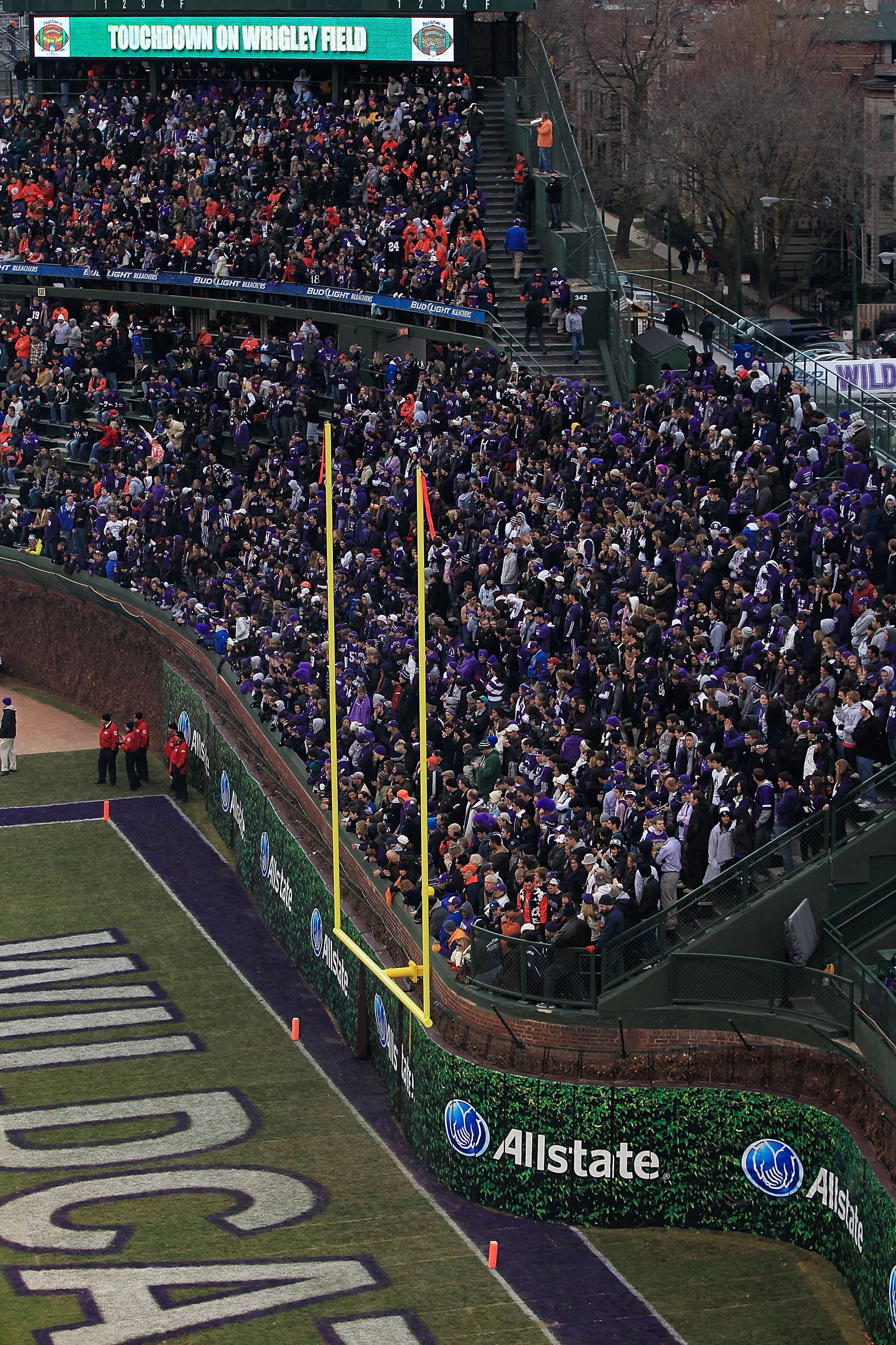 CHICAGO - NOVEMBER 20: A general view of the east end zone along the right field wall which was ruled to be unsafe for players before the Northwestern Wildcats took on the Illinois Fighting Illini during a game played at Wrigley Field on November 20, 2010