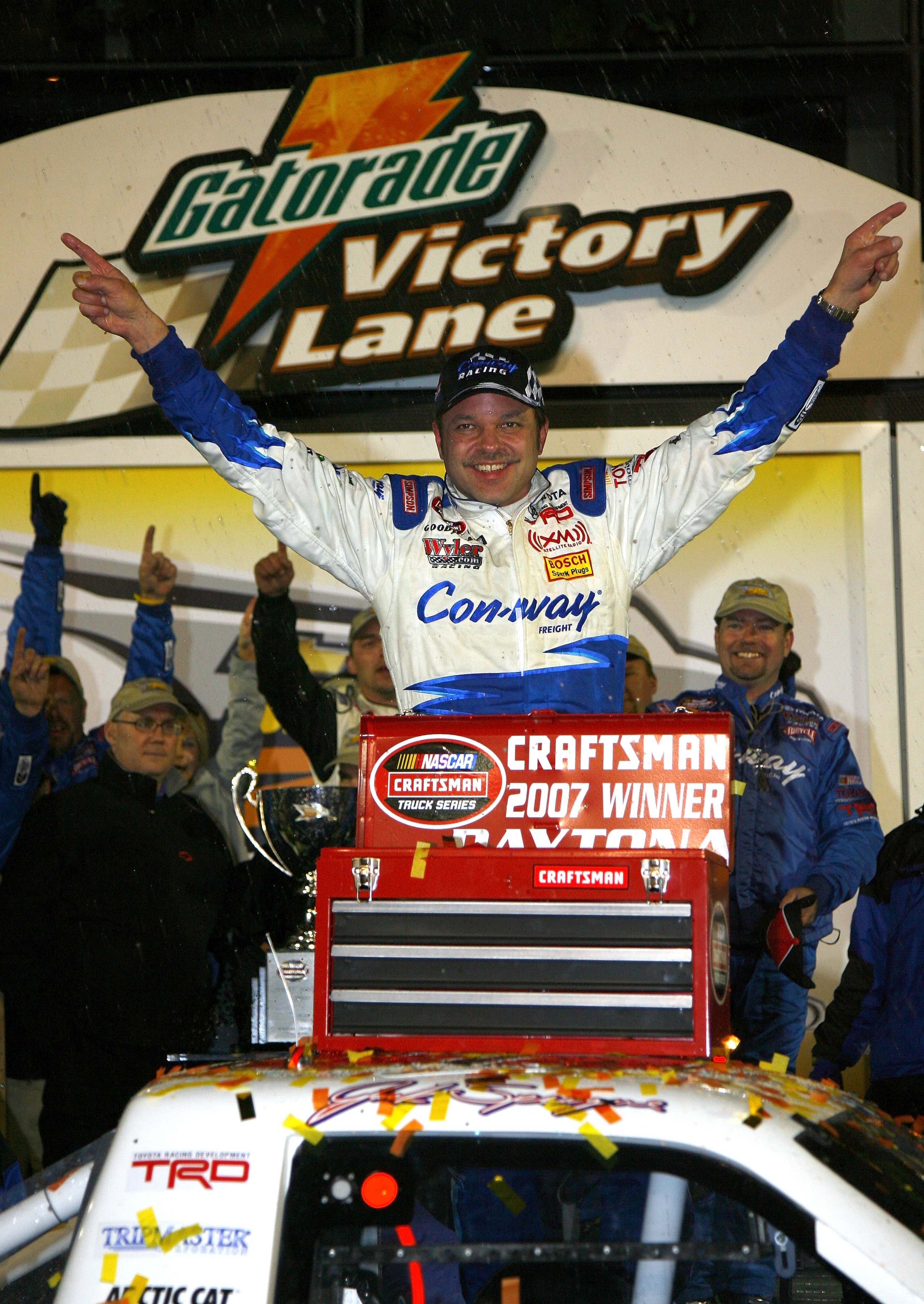 DAYTONA, FL - FEBRUARY 16:  Jack Sprague, driver of the #60 Con-Way Freight Toyota, celebrates in victory lane after winning the NASCAR Craftsman Truck Series Chevy Silverado HD 250 at Daytona International Speedway on February 16, 2007 in Daytona, Florid