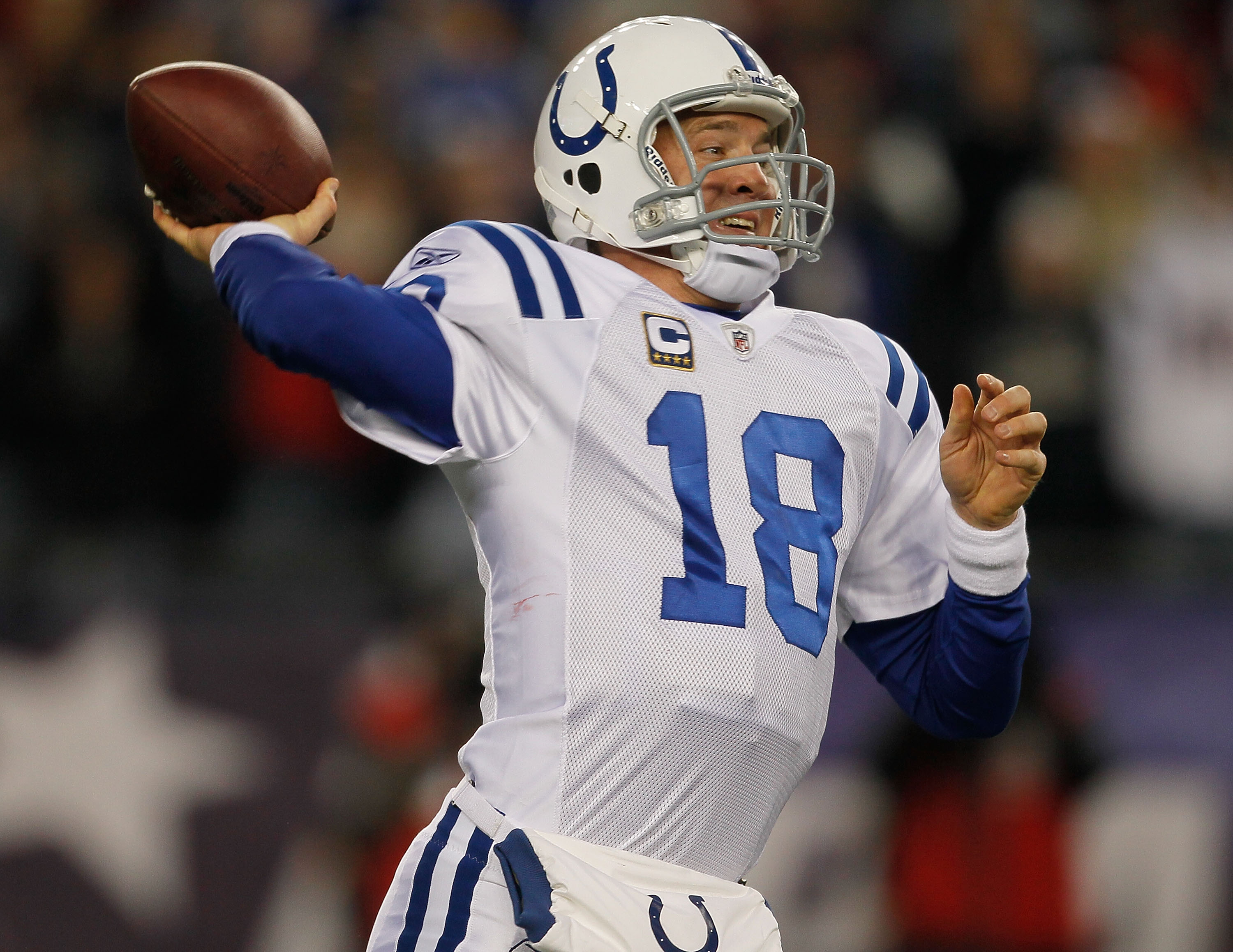 FOXBORO, MA - NOVERMBER 21: Peyton Manning #18 of the Indianapolis Colts throws against the New England Patriots at Gillette Stadium on November 21, 2010 in Foxboro, Massachusetts. (Photo by Jim Rogash/Getty Images) FOXBORO, MA - NOVERMBER 21: Peyton Manning #18 of the Indianapolis Colts throws against the New England Patriots at Gillette Stadium on November 21, 2010 in Foxboro, Massachusetts. (Photo by Jim Rogash/Getty Images)