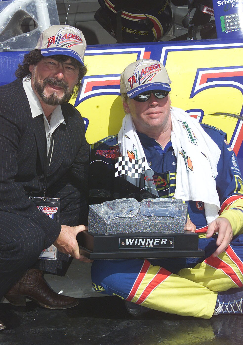 22 Apr 2001: Bobby Hamilton driving the #55 Square D Chevrolet receives the victors trophy from Country Music Legend Randy Owen after the NASCAR Winston Cup Talladega 500 at the Talladega Super Speedway, Talladega, Alabama.  <<Digital Image>> Mandatory Cr
