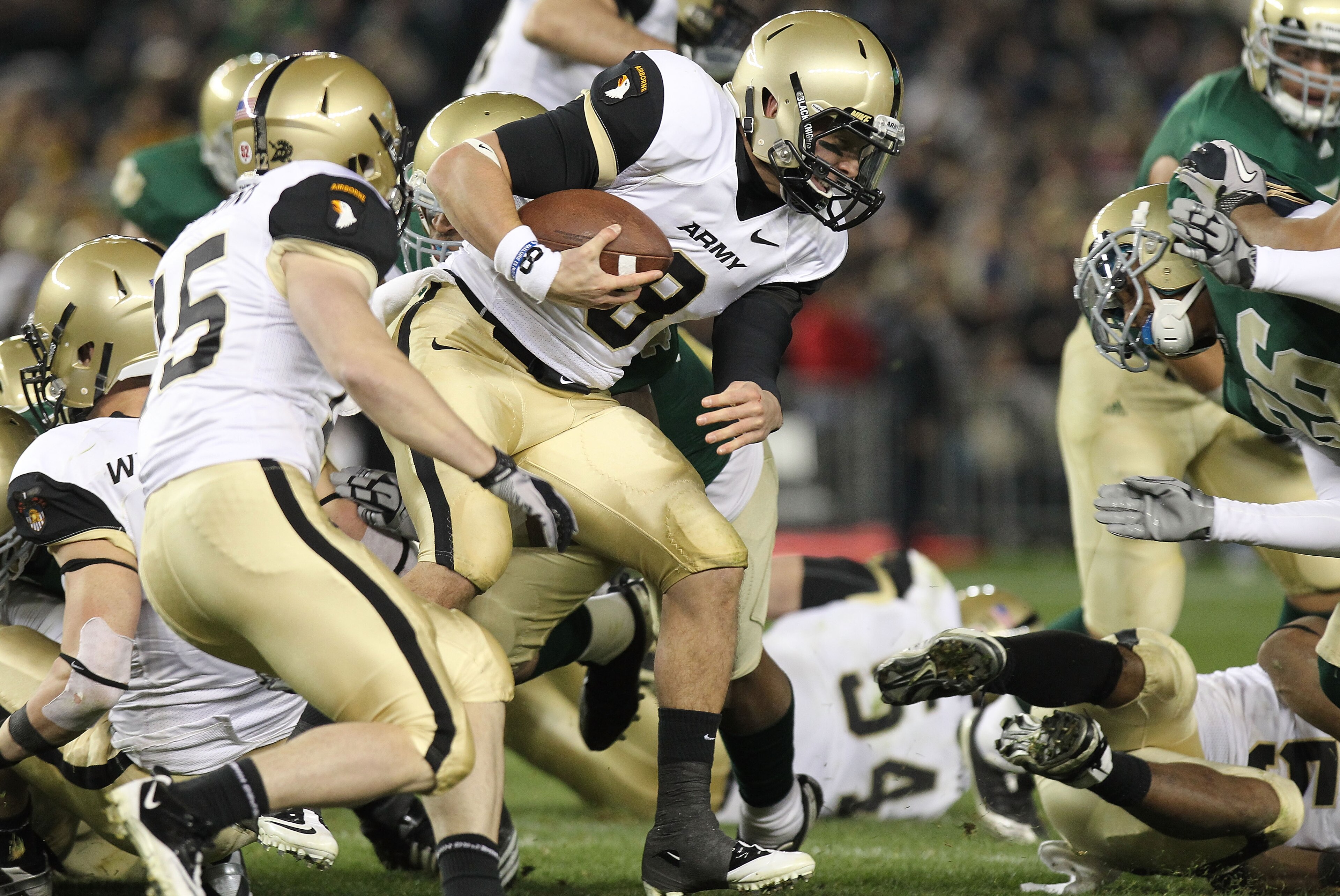 NEW YORK - NOVEMBER 20: Trent Steelman #8 of the Army Black Knights is tackled against the Notre Dame Fighting Irish at Yankee Stadium on November 20, 2010 in the Bronx borough of New York City. (Photo by Nick Laham/Getty Images) NEW YORK - NOVEMBER 20: Trent Steelman #8 of the Army Black Knights is tackled against the Notre Dame Fighting Irish at Yankee Stadium on November 20, 2010 in the Bronx borough of New York City. (Photo by Nick Laham/Getty Images)