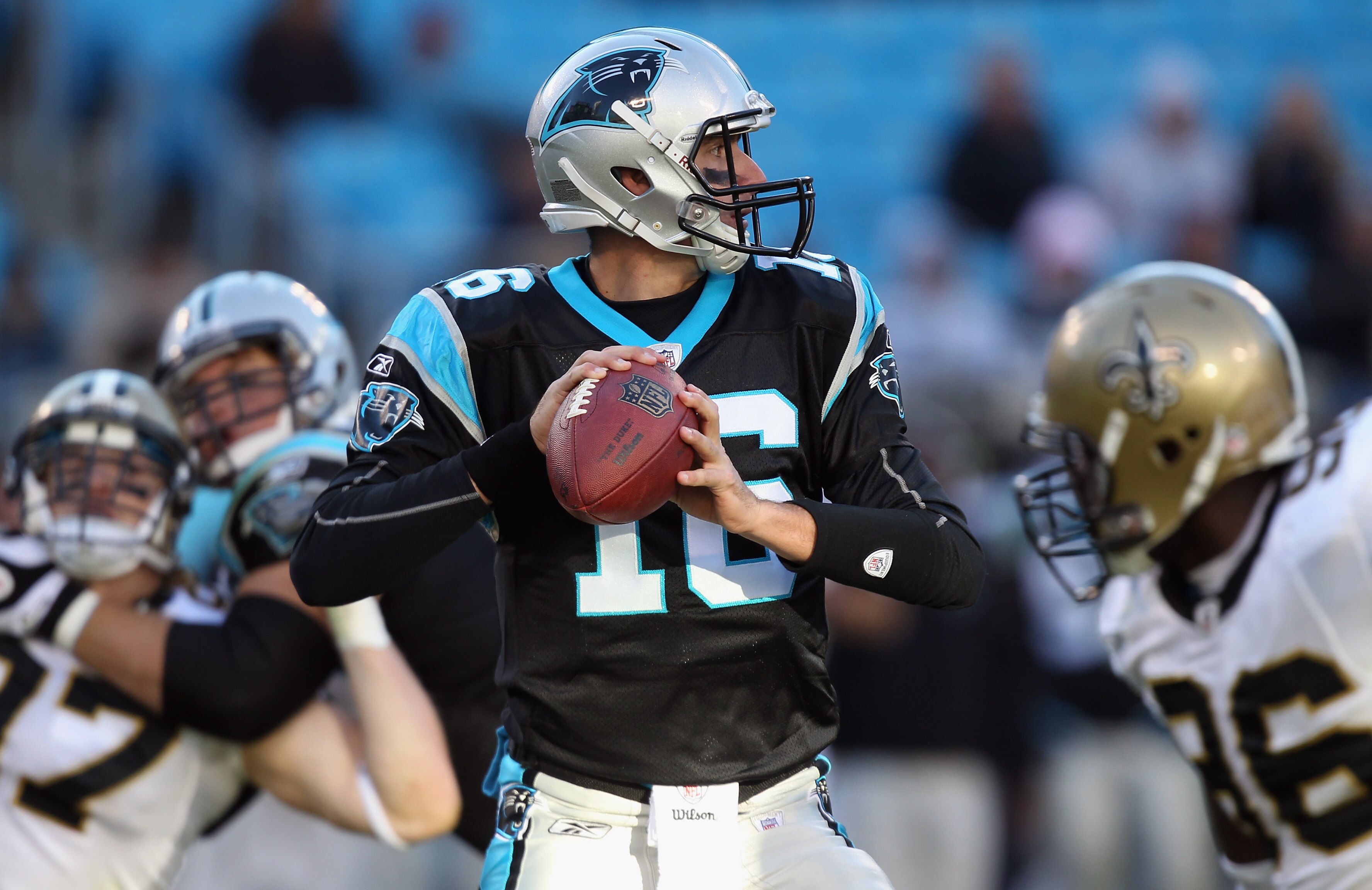 CHARLOTTE, NC - NOVEMBER 07:  Tony Pike #16 of the Carolina Panthers against the New Orleans Saints during their game at Bank of America Stadium on November 7, 2010 in Charlotte, North Carolina.  (Photo by Streeter Lecka/Getty Images)