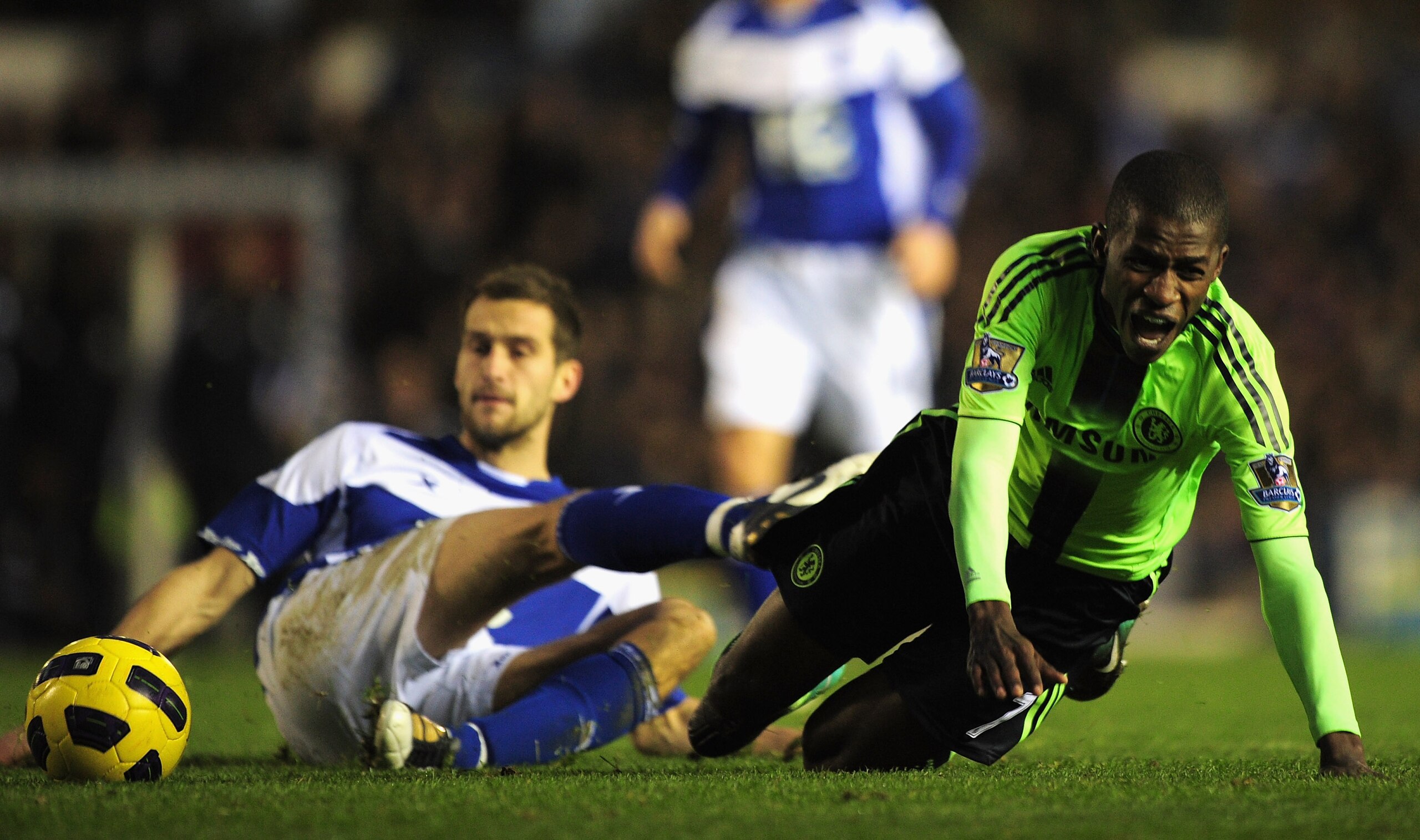 BIRMINGHAM, ENGLAND - NOVEMBER 20:  Ramires of Chelsea is tackled by Roger Johnson of Birmingham City during the Barclays Premier League match between Birmingham City and Chelsea at St Andrews on November 20, 2010 in Birmingham, England.  (Photo by Shaun