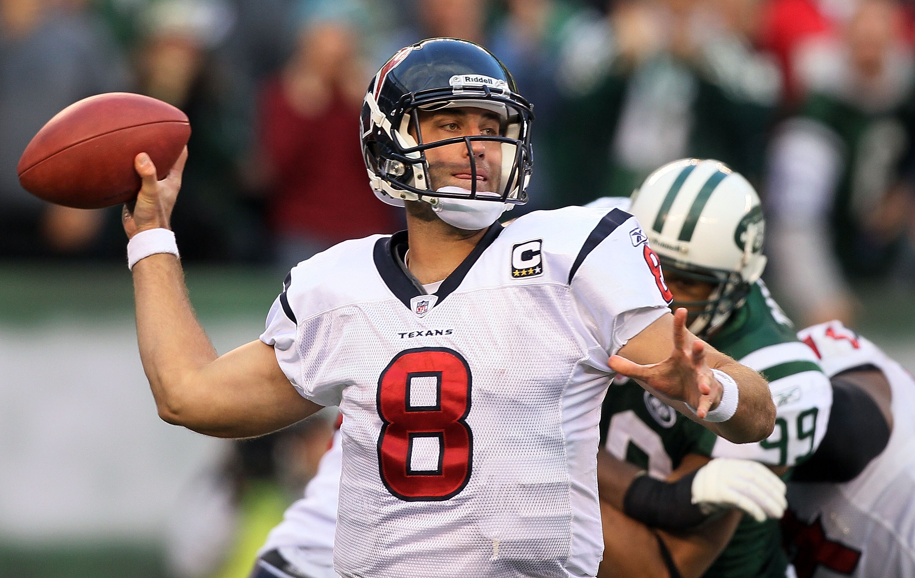 EAST RUTHERFORD, NJ - NOVEMBER 21:  Matt Schaub #8 of the Houston Texans throws against the New York Jets on November 21, 2010 at the New Meadowlands Stadium in East Rutherford, New Jersey.  (Photo by Jim McIsaac/Getty Images)