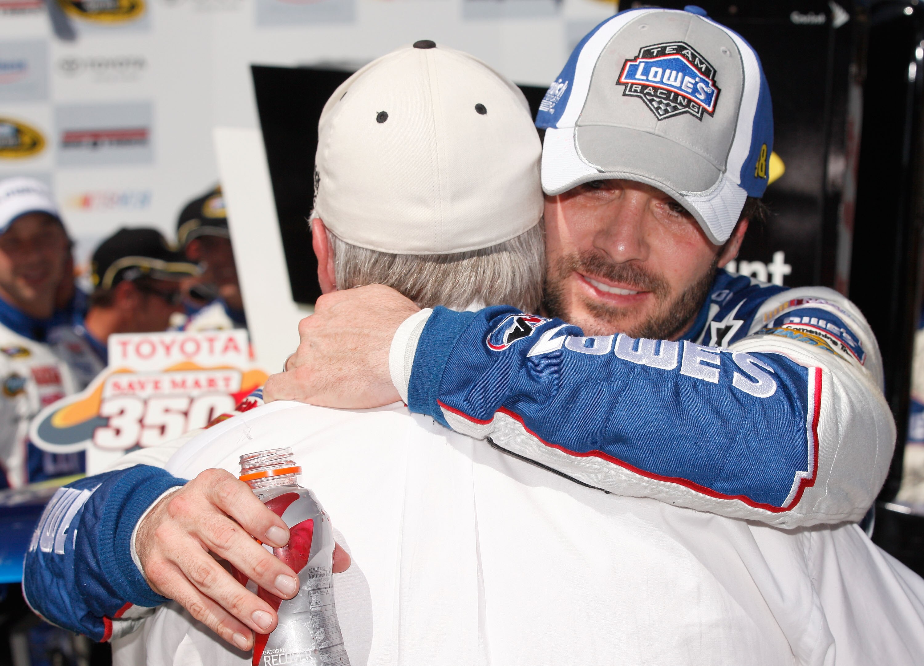 SONOMA, CA - JUNE 20:  Jimmie Johnson, driver of the #48 Lowe's Chevrolet, celebrates in the winners circle with team owner Rick Hendrick after winning the NASCAR Sprint Cup Series Toyota/Save Mart 350 at Infineon Raceway on June 20, 2010 in Sonoma, Calif