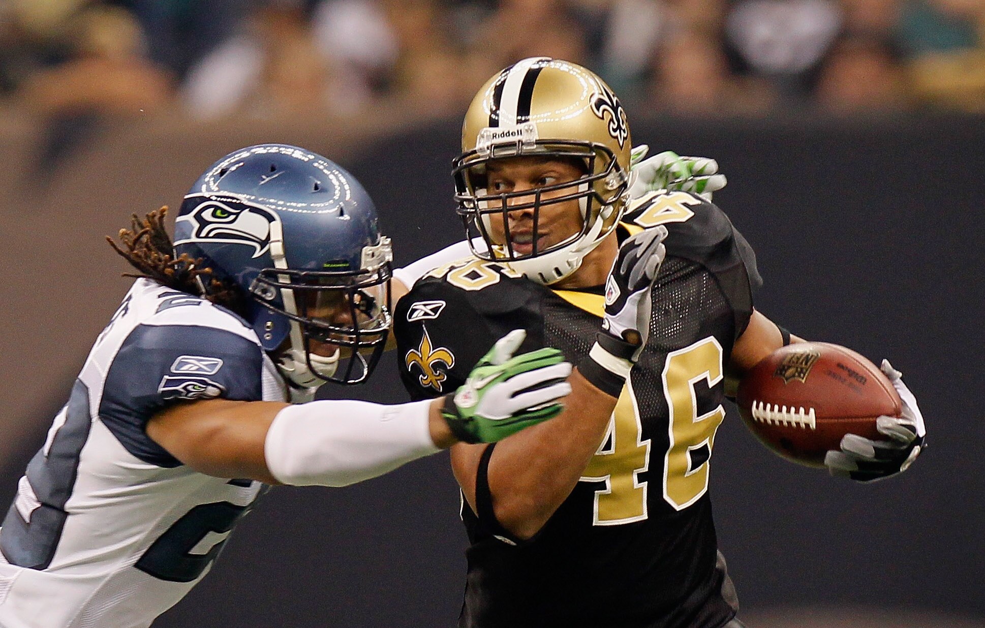 NEW ORLEANS - NOVEMBER 21:  Ladell Betts #12 of the New Orleans Saints is tackled by Earl Thomas #29 of the Seattle Seahawks at Louisiana Superdome on November 21, 2010 in New Orleans, Louisiana.  (Photo by Kevin C. Cox/Getty Images)