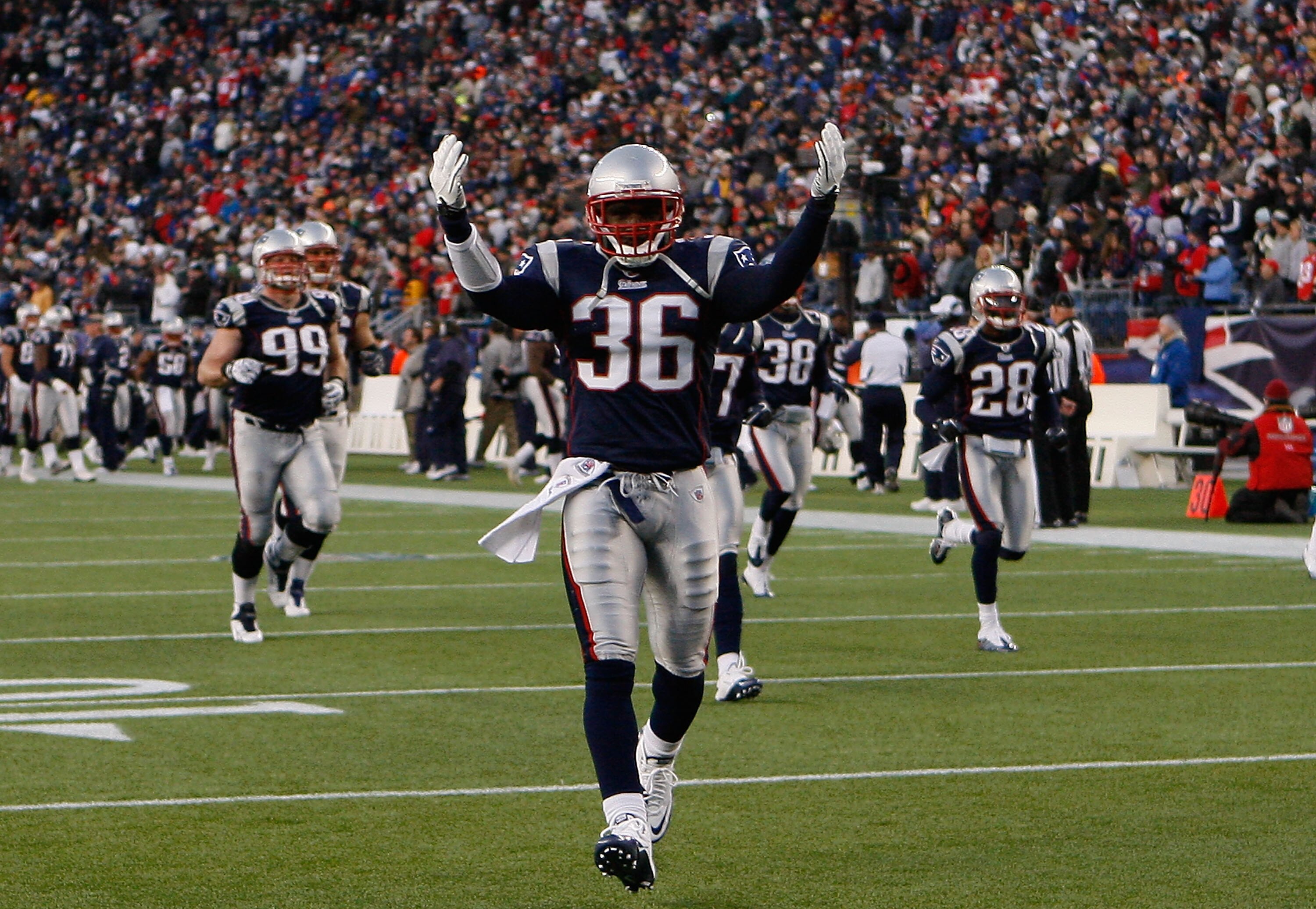 FOXBORO, MA - NOVERMBER 21: James Sanders #36 of the New England Patriots reacts to fans upon running onto the field before a game against the Indianapolis Colts looks on at Gillette Stadium on November 21, 2010 in Foxboro, Massachusetts. The Patriots won