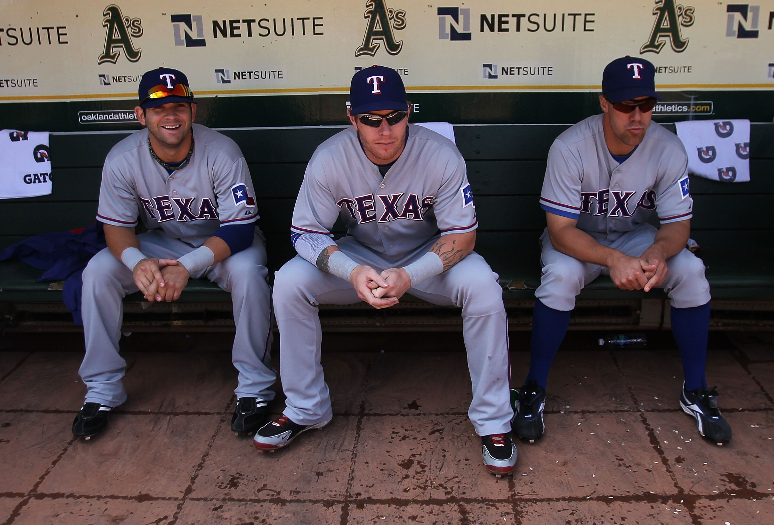 OAKLAND, CA - AUGUST 08:  Josh Hamilton #32 of the Texas Rangers sits in the dugout against the Oakland Athletics during an MLB game at the Oakland-Alameda County Coliseum on August 8, 2010 in Oakland, California.  (Photo by Jed Jacobsohn/Getty Images)
