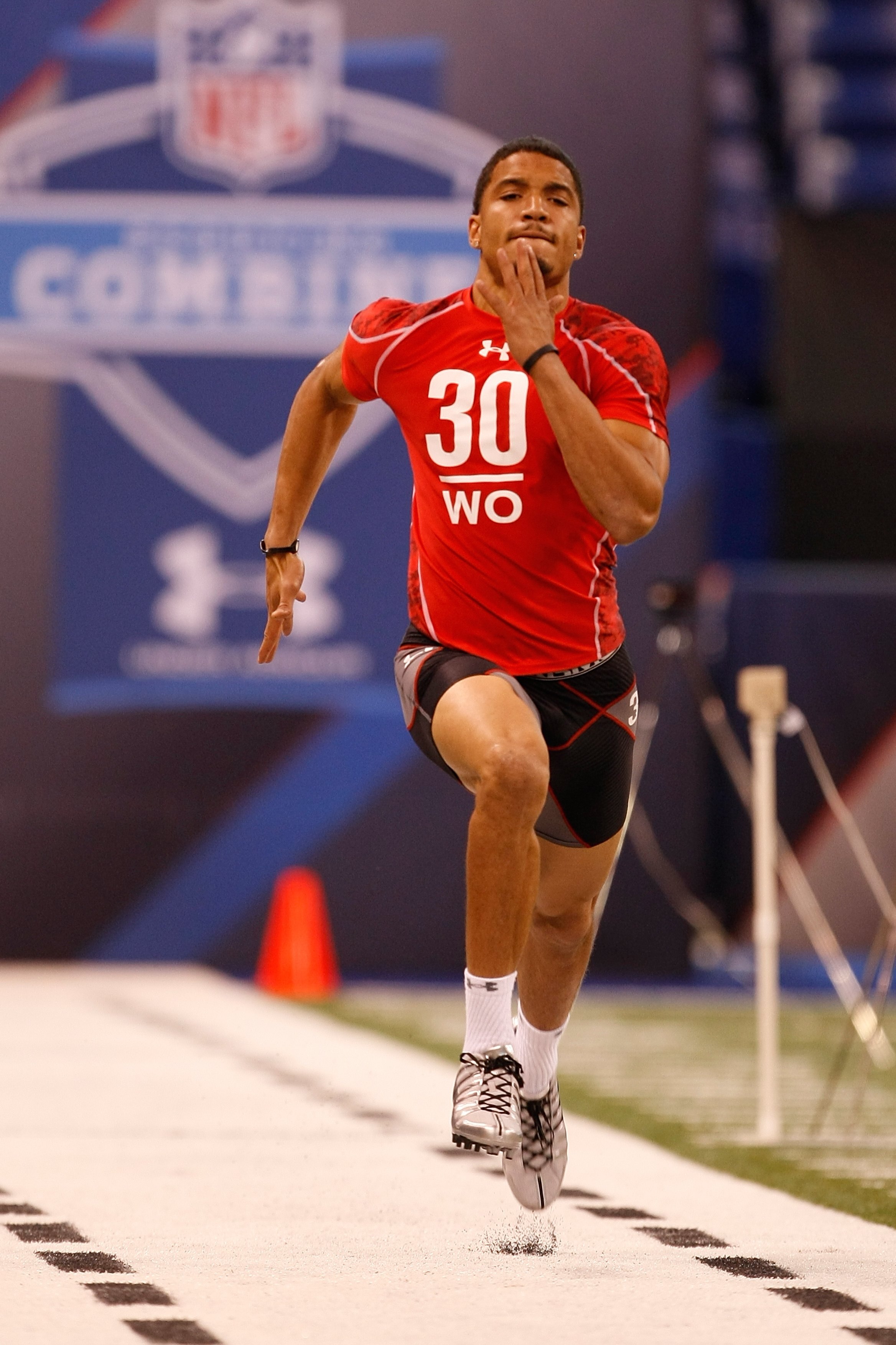 INDIANAPOLIS, IN - FEBRUARY 28: Wide receiver David Reed of Utah runs the 40 yard dash during the NFL Scouting Combine presented by Under Armour at Lucas Oil Stadium on February 28, 2010 in Indianapolis, Indiana. (Photo by Scott Boehm/Getty Images)
