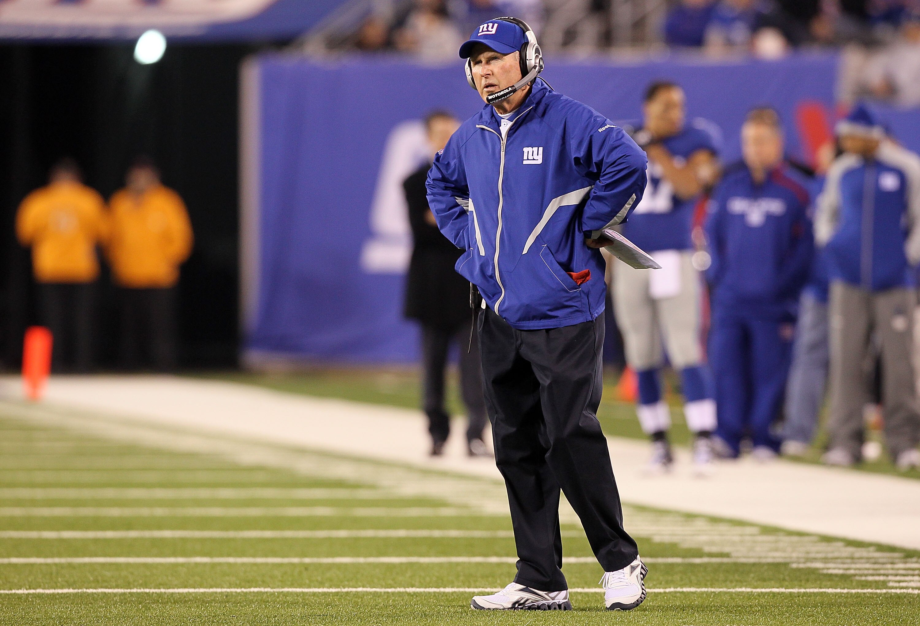 EAST RUTHERFORD, NJ - NOVEMBER 14:  Head coach Tom Coughlin of the New York Giants looks on against the Dallas Cowboys on November 14, 2010 at the New Meadowlands Stadium in East Rutherford, New Jersey. The Cowboys defeated the Giants 33-20.  (Photo by Ji